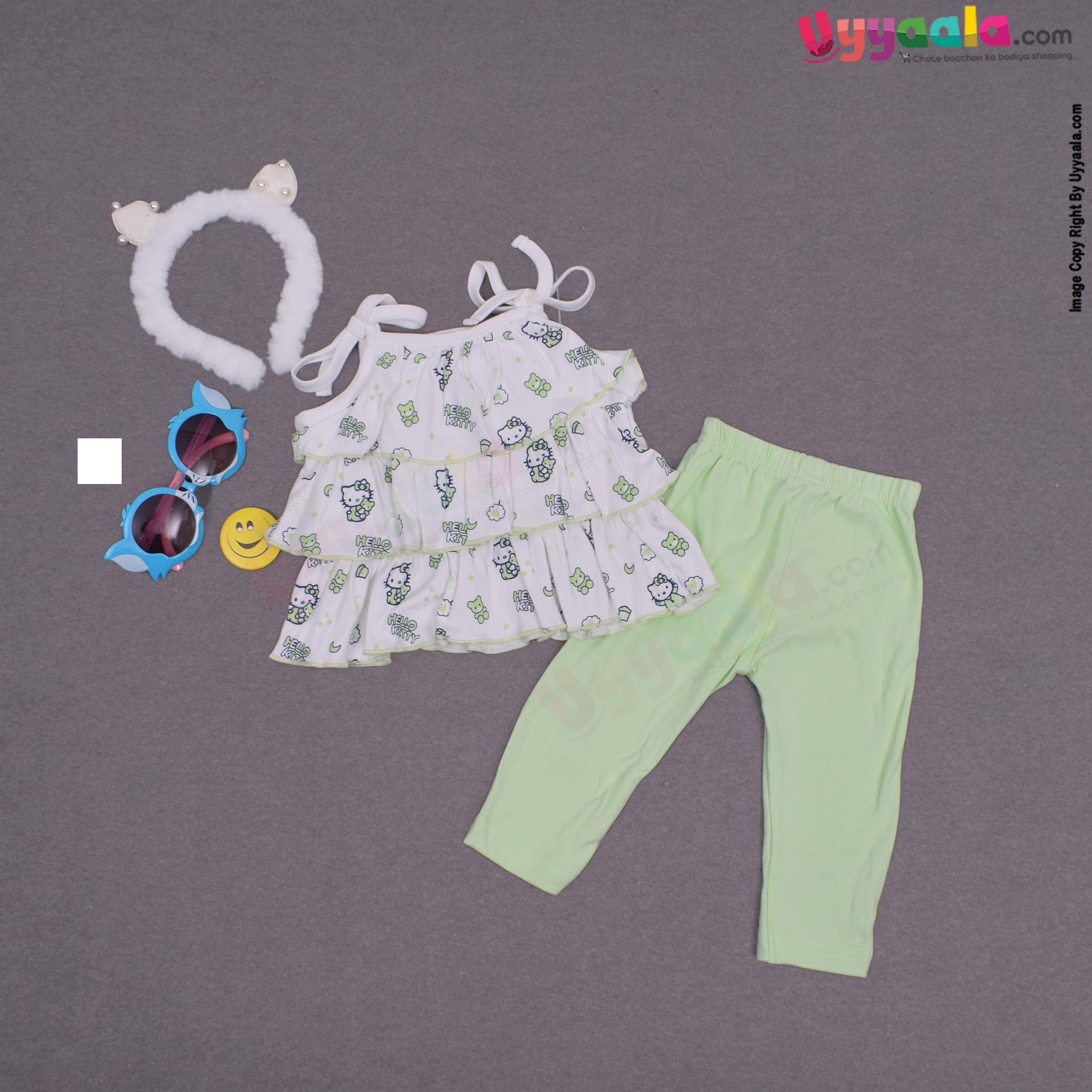 POPEES Baby girl casual wear hoisery cotton dress set - green & white with hello kitty print