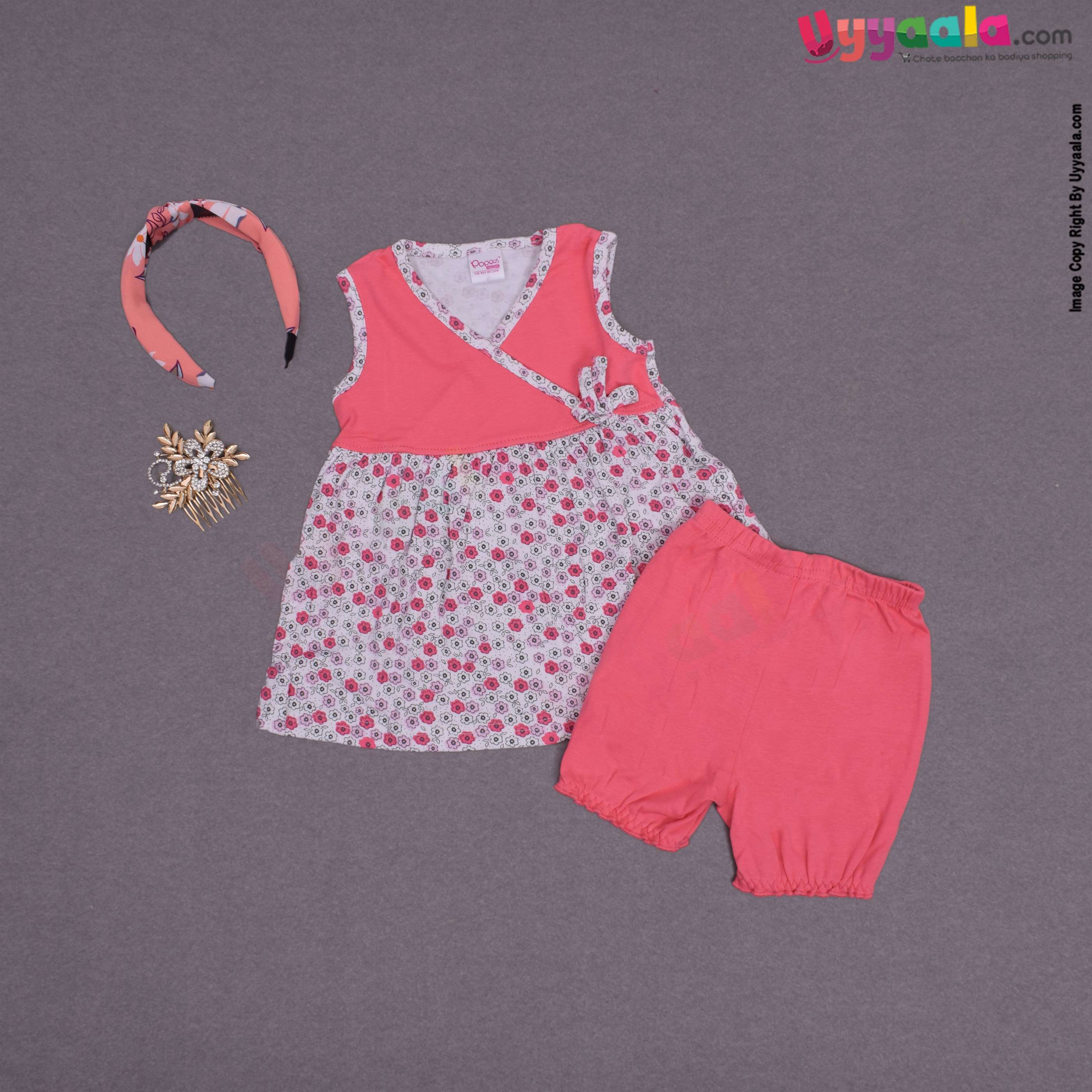 POPEES Baby girl casual wear frock with bloomer, hoisery cotton - bright pink & white