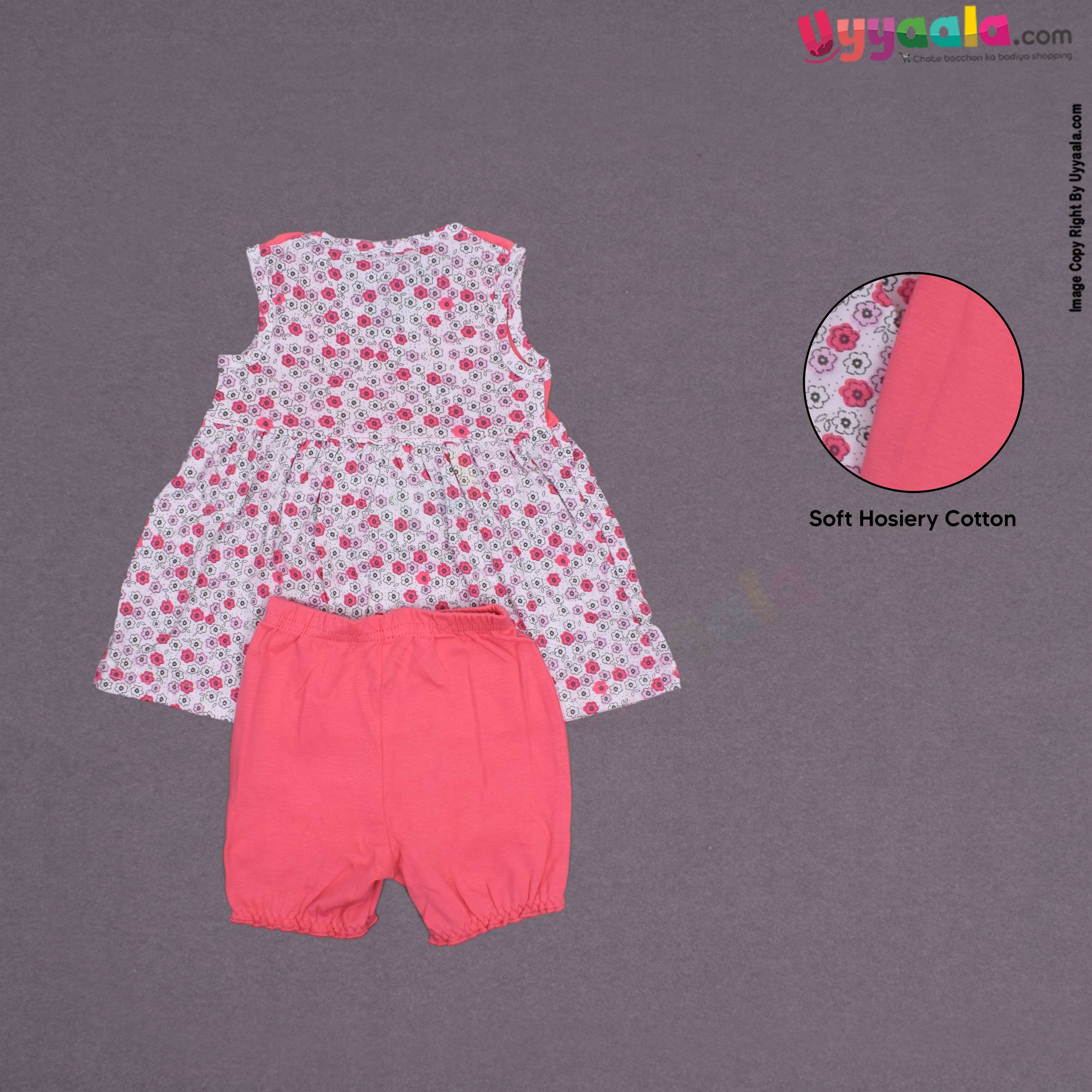 POPEES Baby girl casual wear frock with bloomer, hoisery cotton - bright pink & white