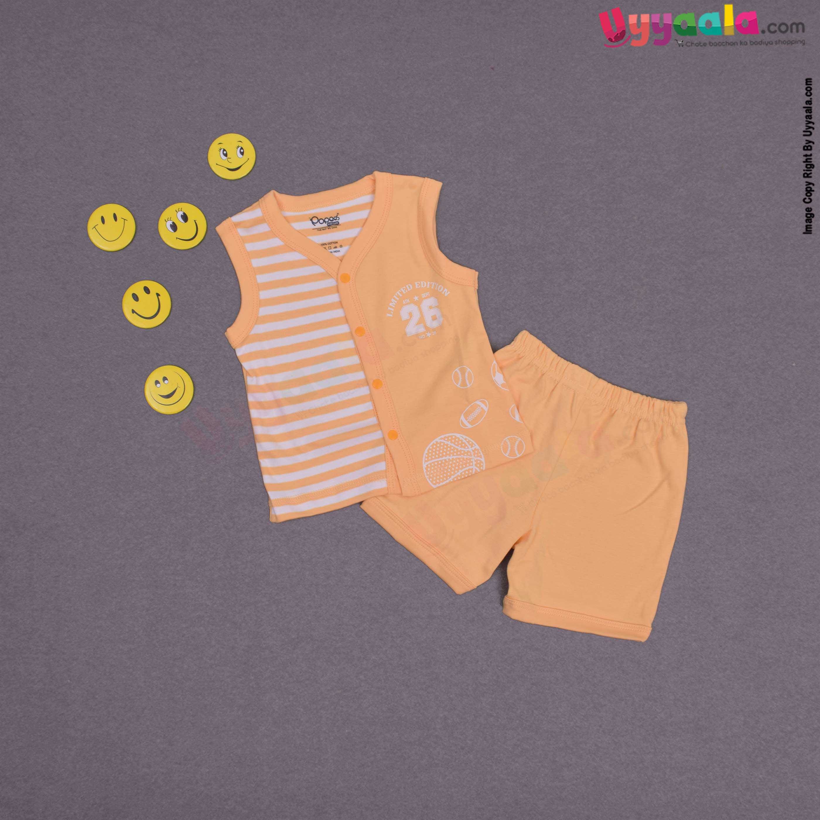 POPEES Baby boy casual wear hoisery cotton dress set with stripes and balls print