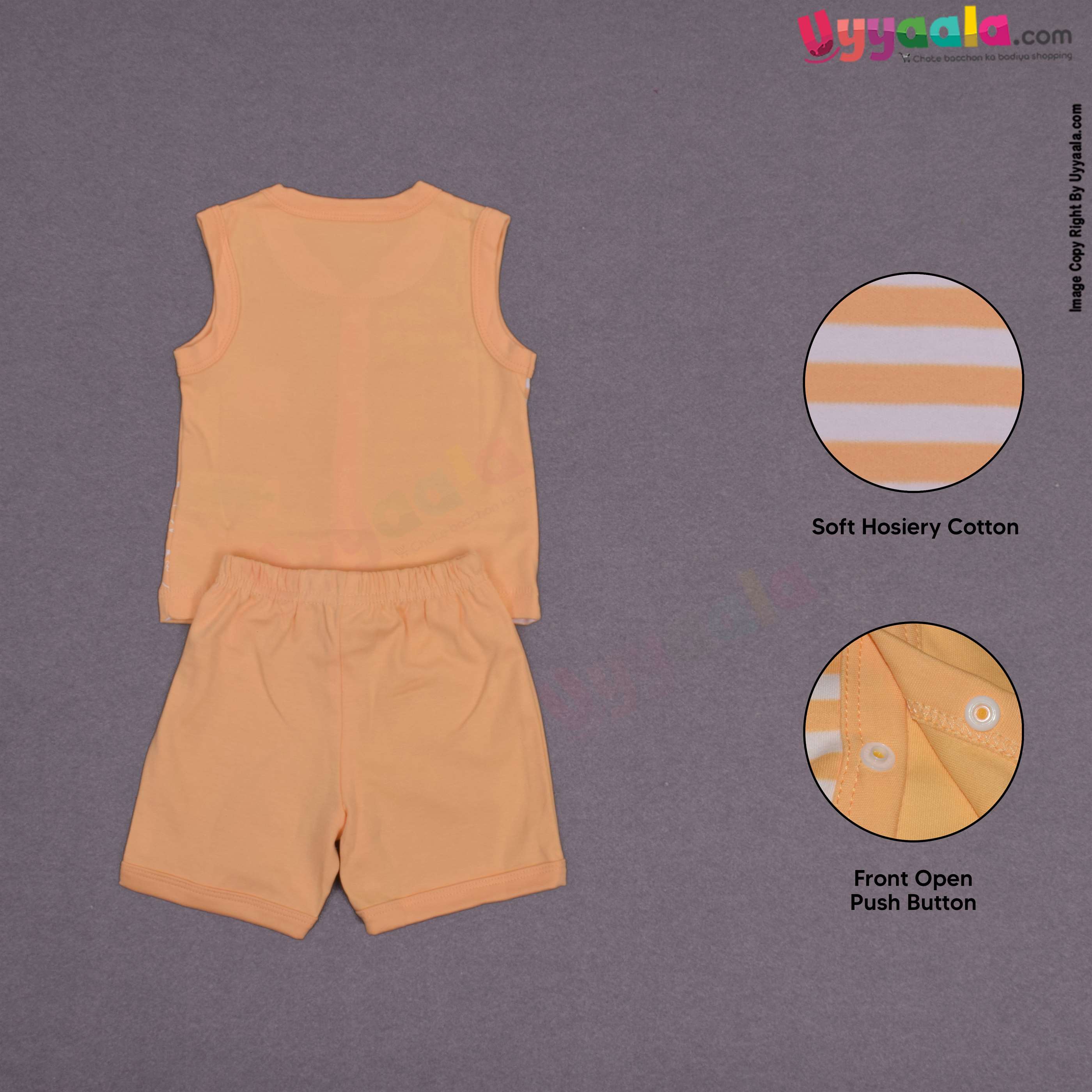 POPEES Baby boy casual wear hoisery cotton dress set with stripes and balls print- yellow