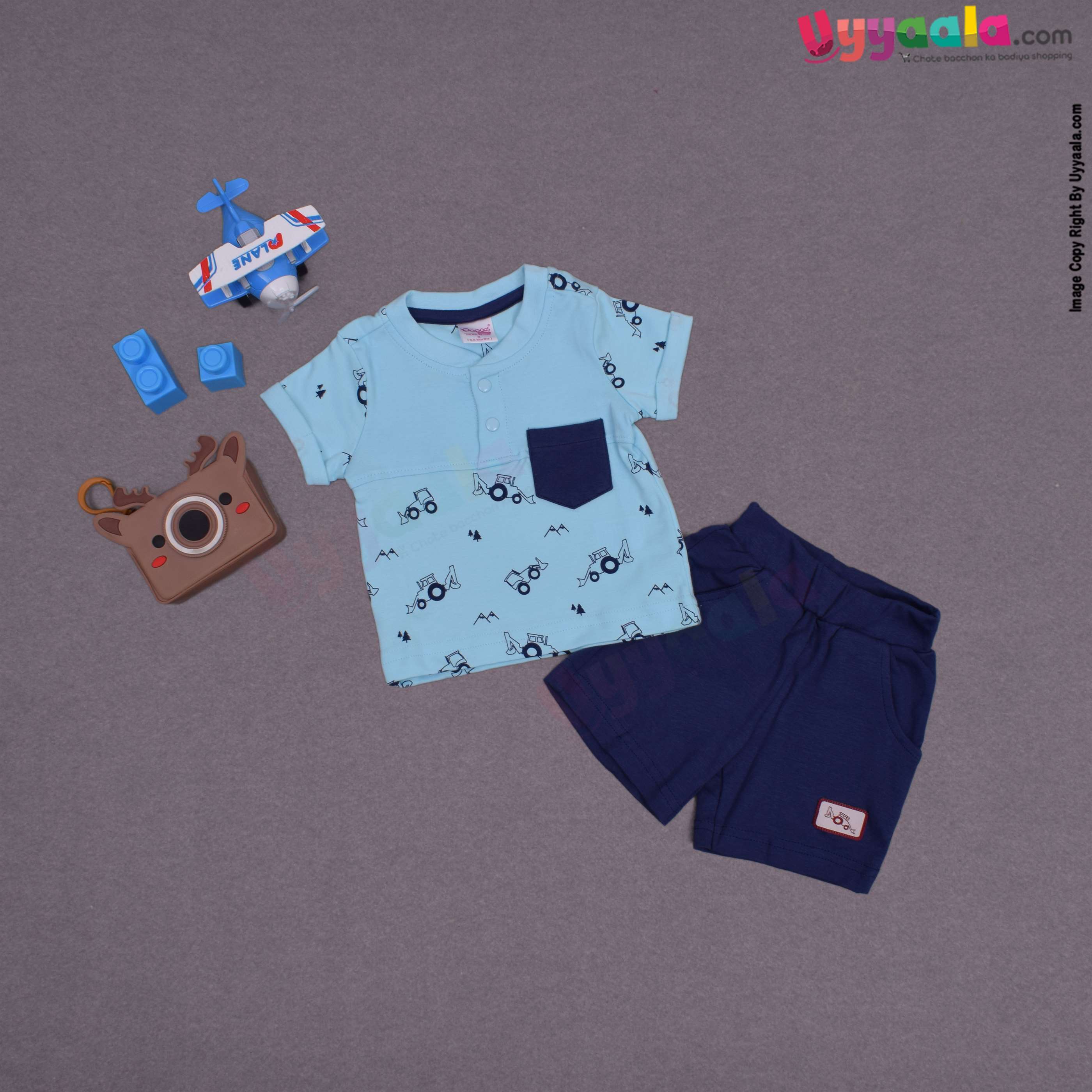 POPEES Baby boy casual wear hoiserycotton dress set with JCB prints- Sky blue & Navy blue