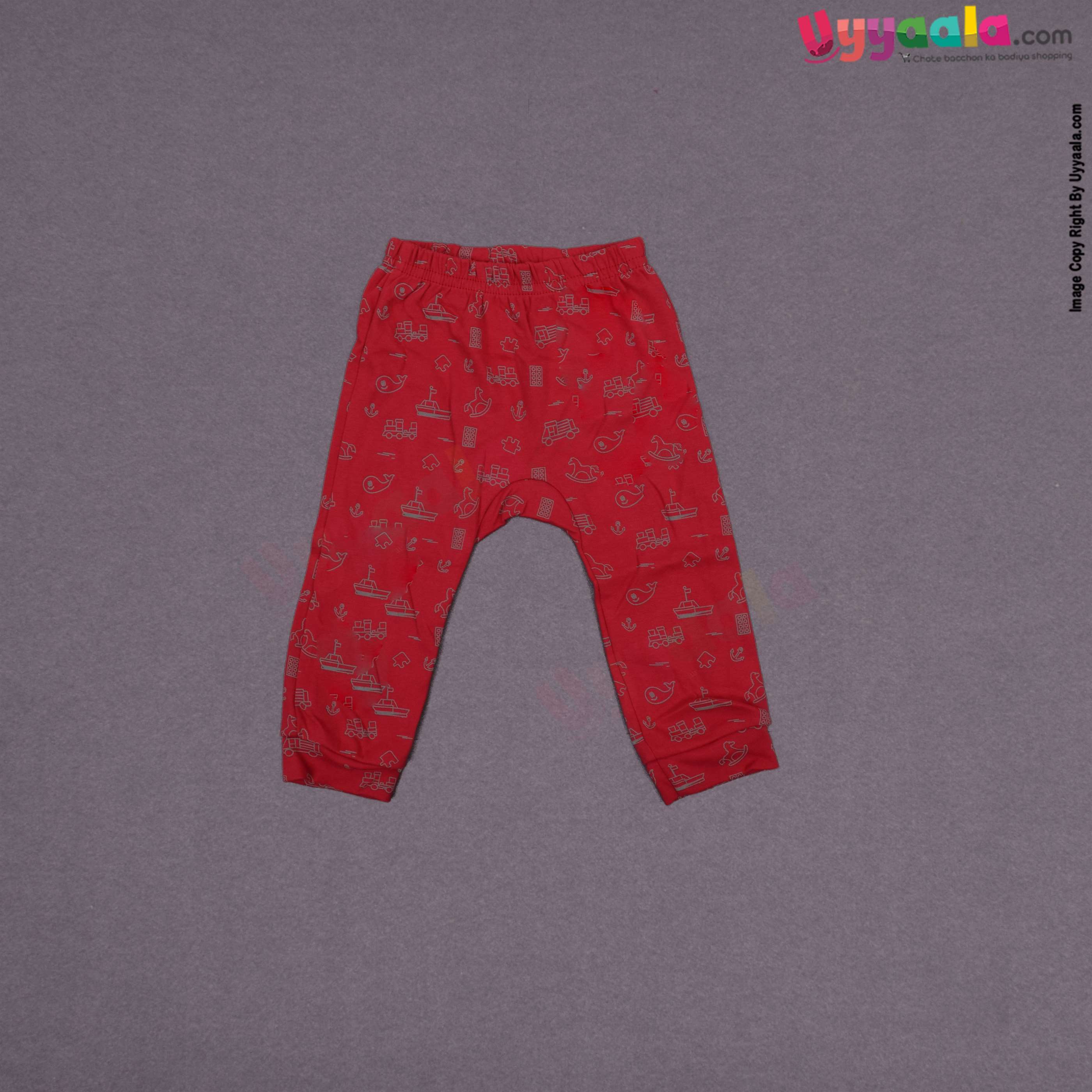 POPEES Baby girl casual wear hoisery cotton dress set with animals and vehicles print- Cream and Red