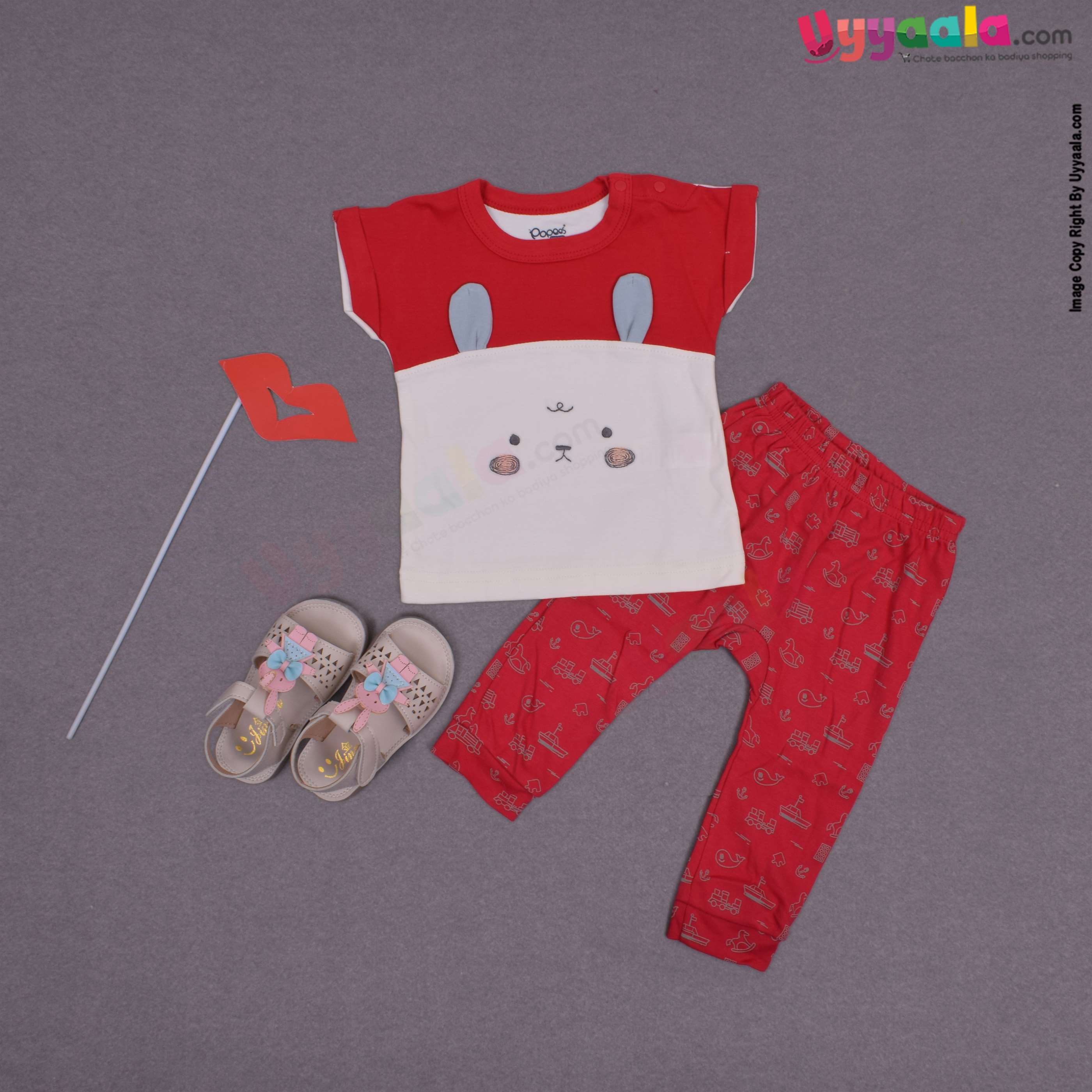 POPEES Baby girl casual wear hoisery cotton dress set with animals and vehicles print- Cream and Red