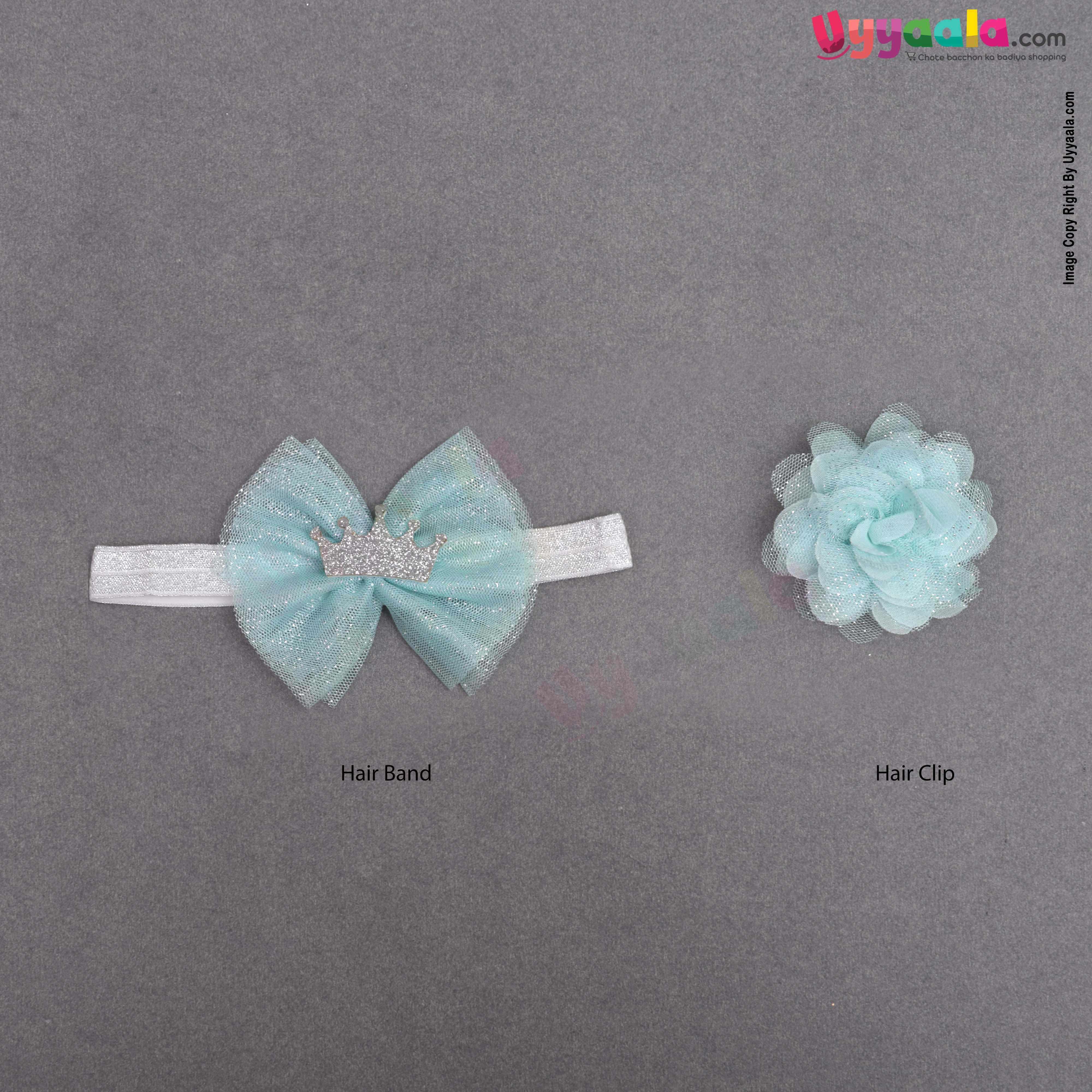 LION BEAR Glittery headwrap, flower bow clip & booties set (3 pcs) for babies - green with ash glittery crown patch