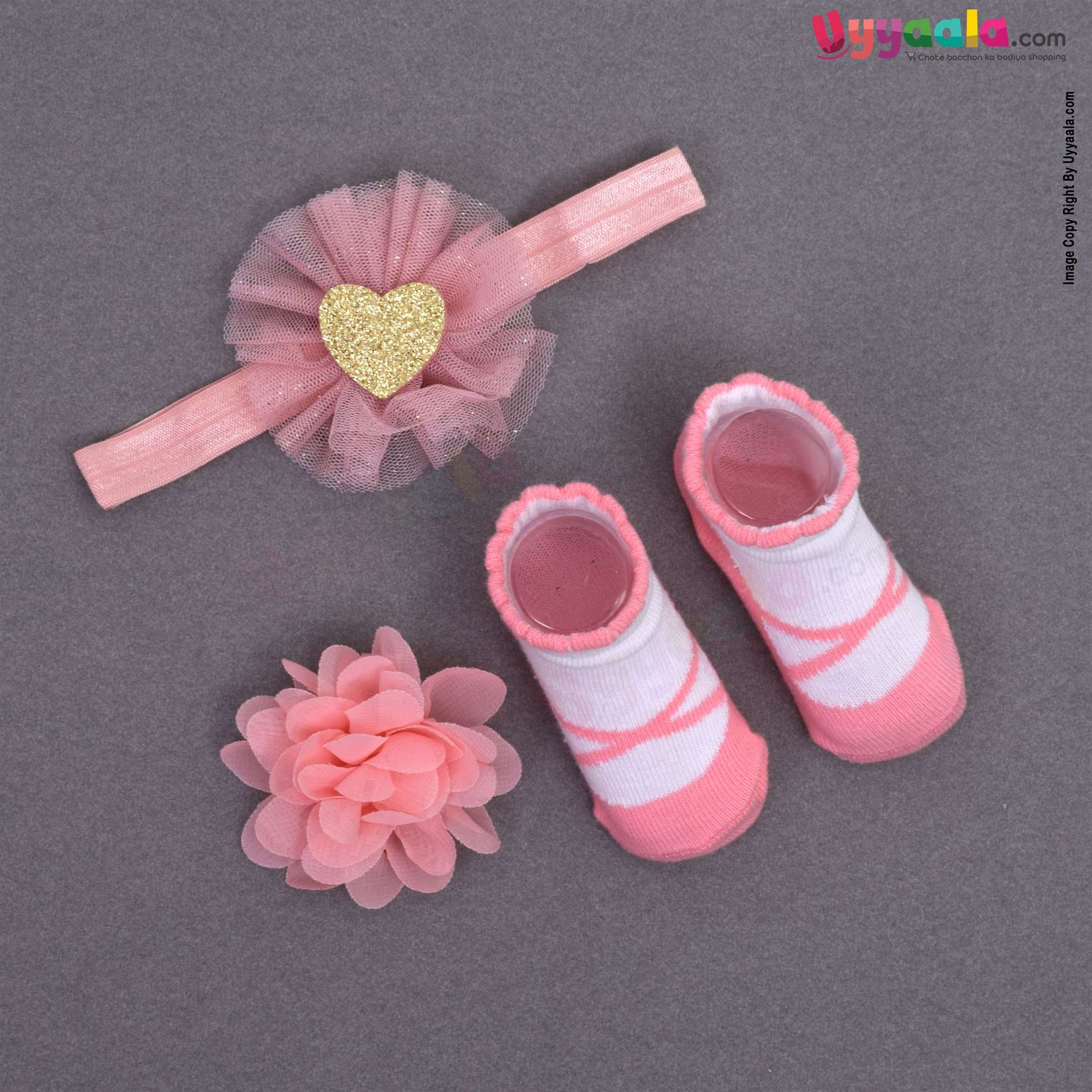 LION BEAR Headwrap, flower bow clip & booties set (3 pcs) for babies - pink, 0 - 12 m