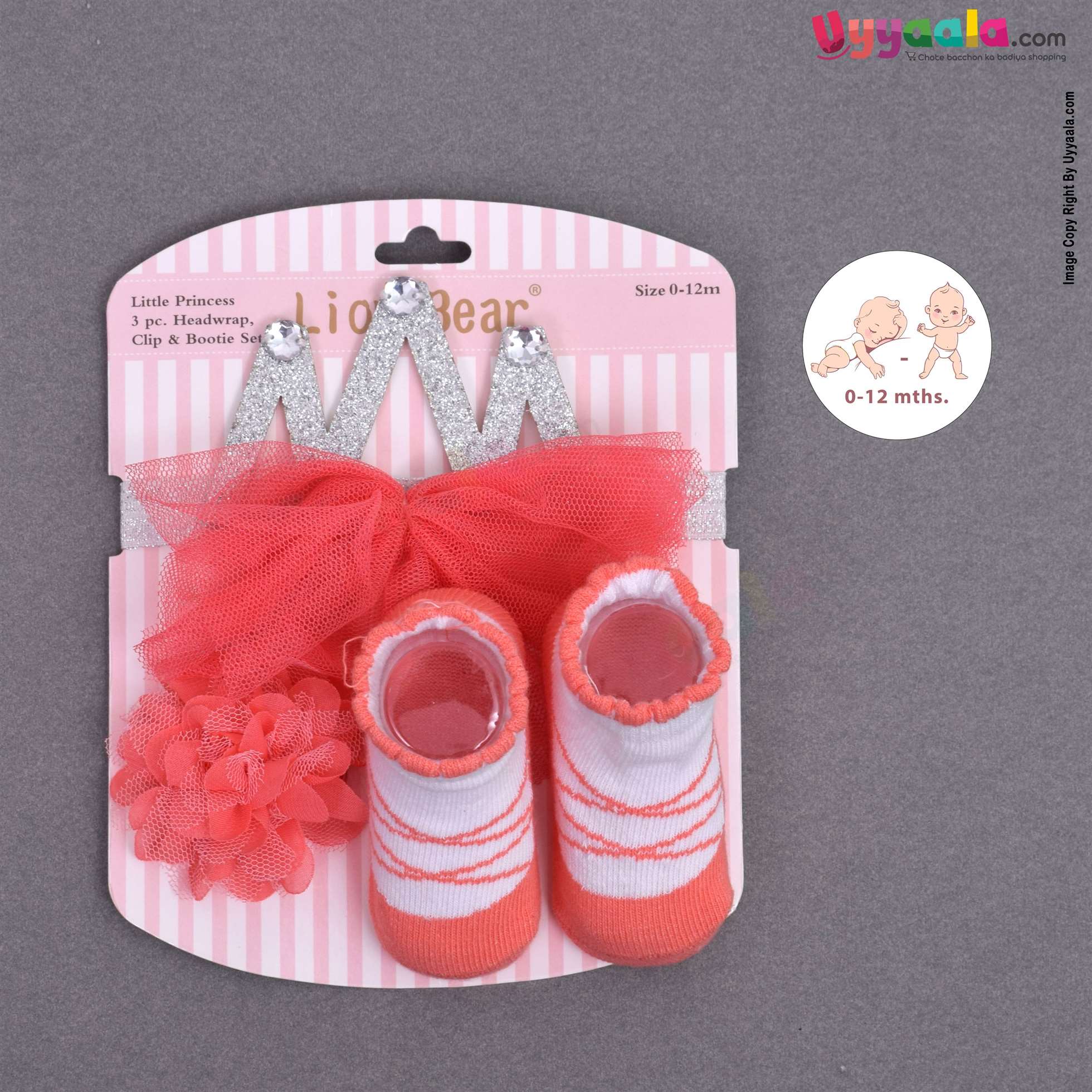 Glittery headwrap, flower bow clip & booties set for babie