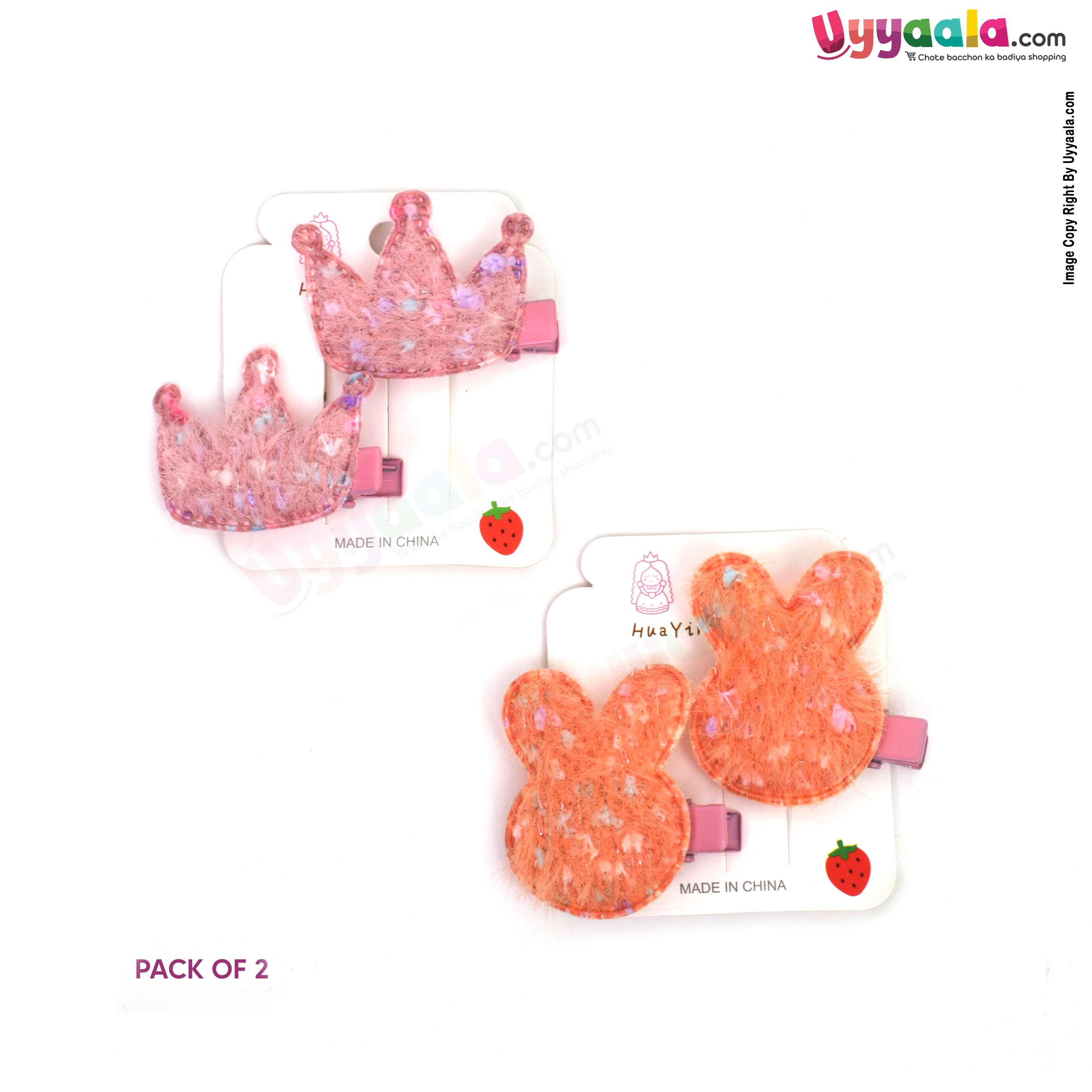 Crown & bunny hair clip set for babies & girls, Pack of 2 - pink & peach, 6 + months