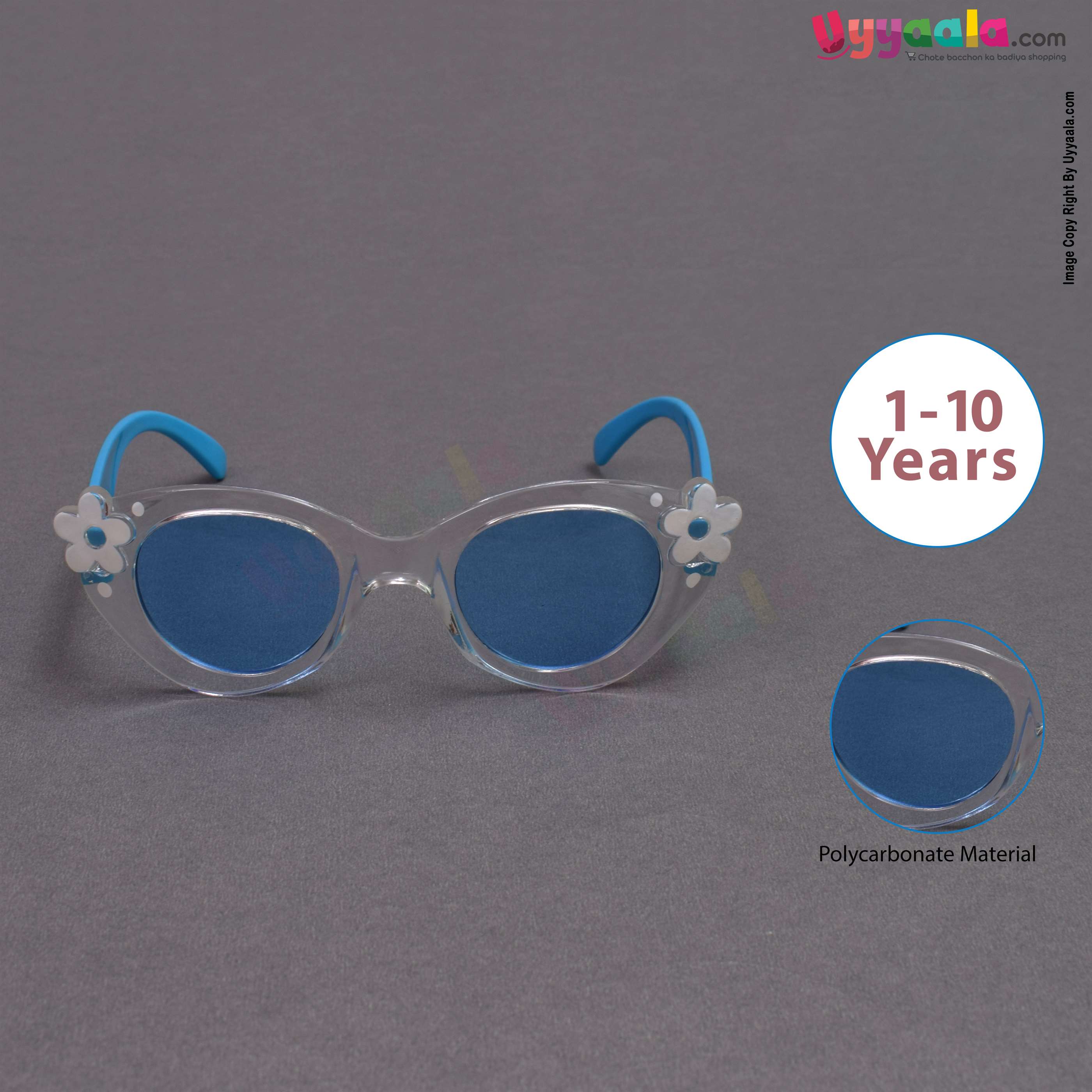 Stylish cat eye shaped blue shade sunglasses for kids - sky blue with flower patch, 1 - 10 years