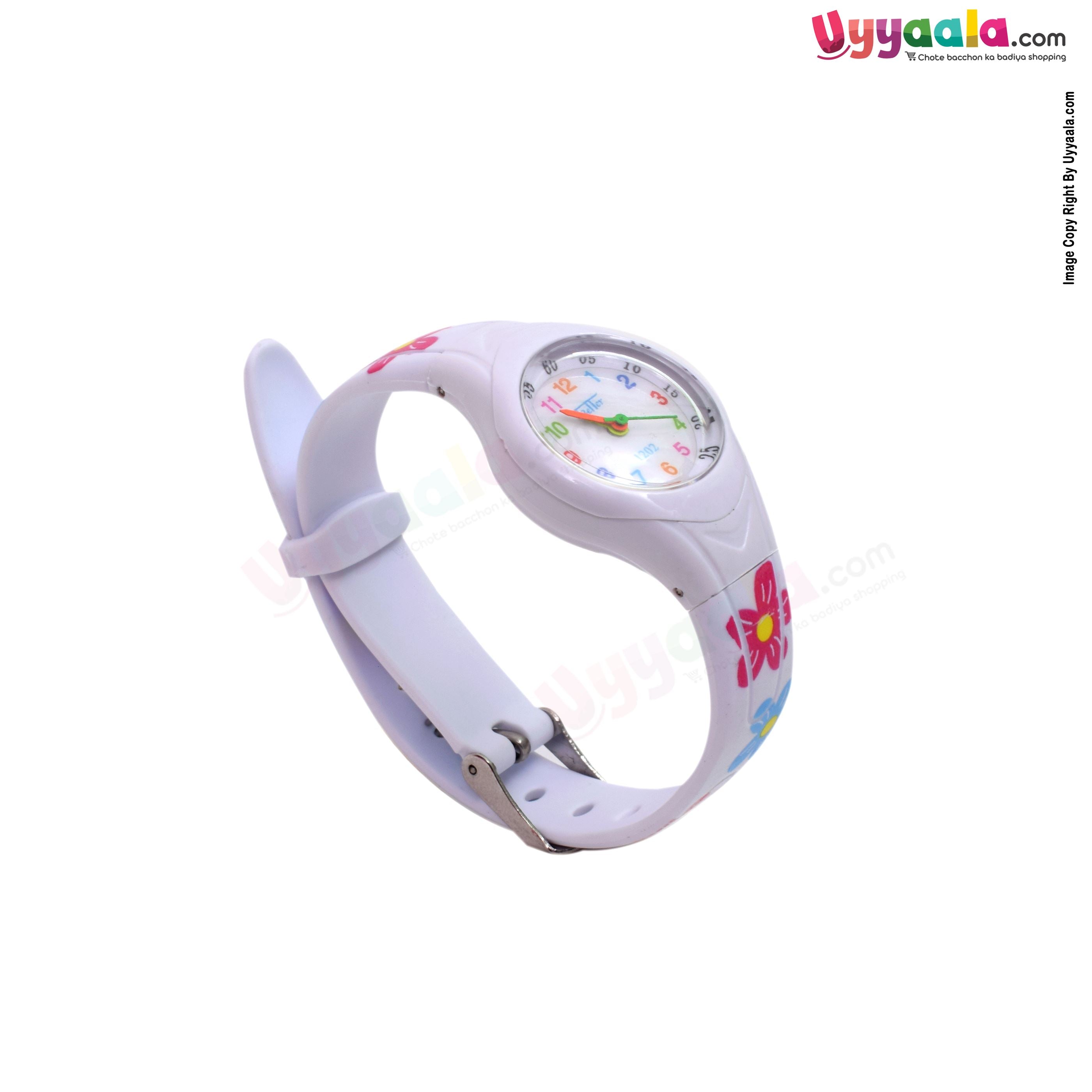 White analog wrist watch for kids white strap with flower print, years
