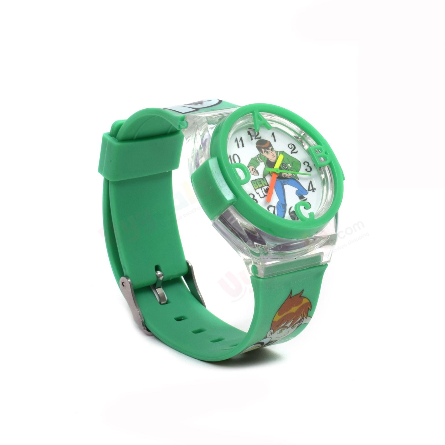 Ben-10 analog watch with led lighting for kids - green strap with ben-10 print, 1 + years