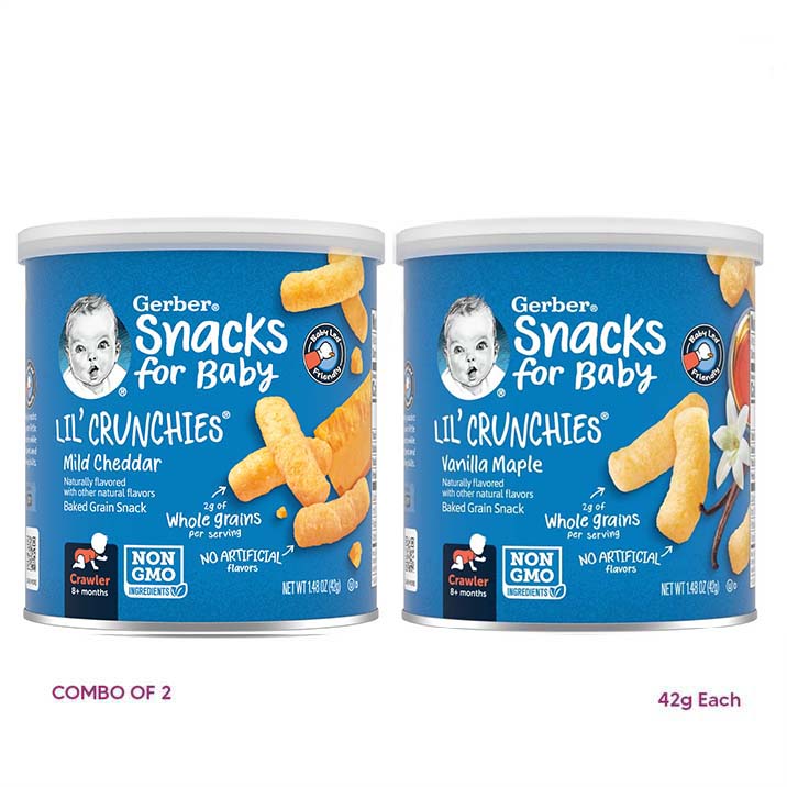 GERBER Lil' crunchies - mild cheddar & vanilla maple , naturally flavored baby snack - combo of 2 (42g each), 8 + months