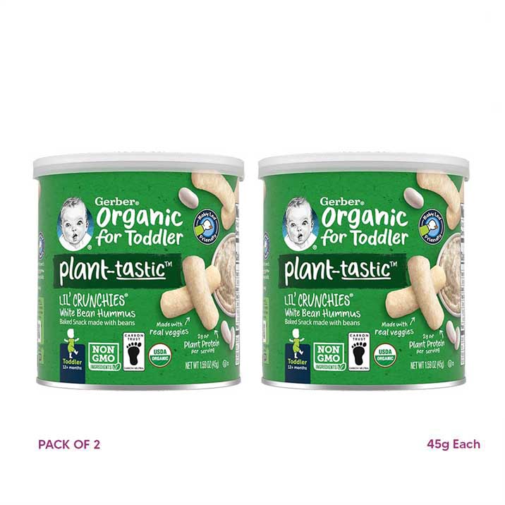 GERBER Organic lil crunchies - white bean hummus, naturally flavored baby snack - pack of 2 (45g each), 12 + months