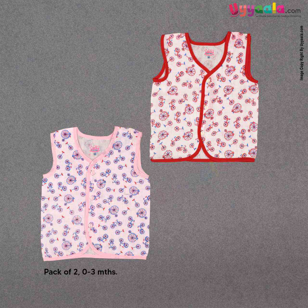 VOCAL BABY Cotton Jabla Front Open & Sleeveless, Pink & Red - For 0-3m Babies, Pack of 2