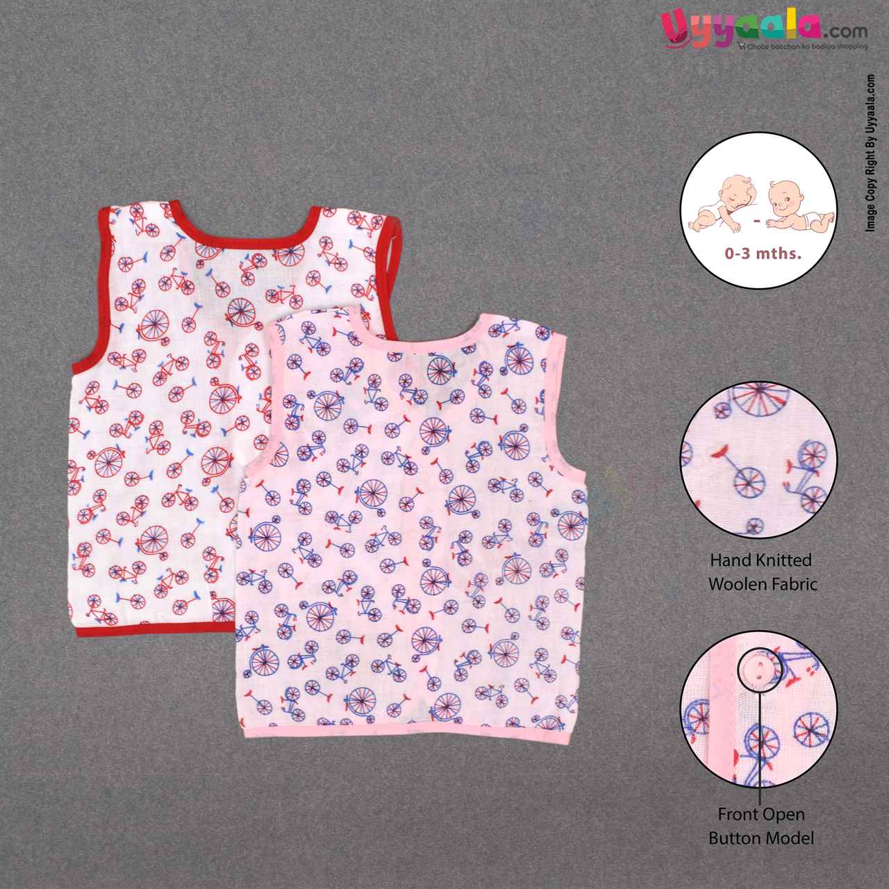 VOCAL BABY Cotton Jabla Front Open & Sleeveless, Pink & Red - For 0-3m Babies, Pack of 2