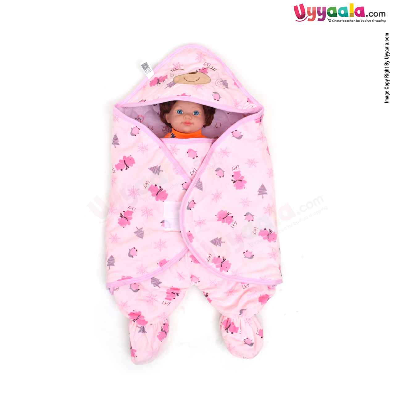 Hooded Soft Fur Leg Blanket Cum Wrapper For Newborn Babies - Pink 0-6m