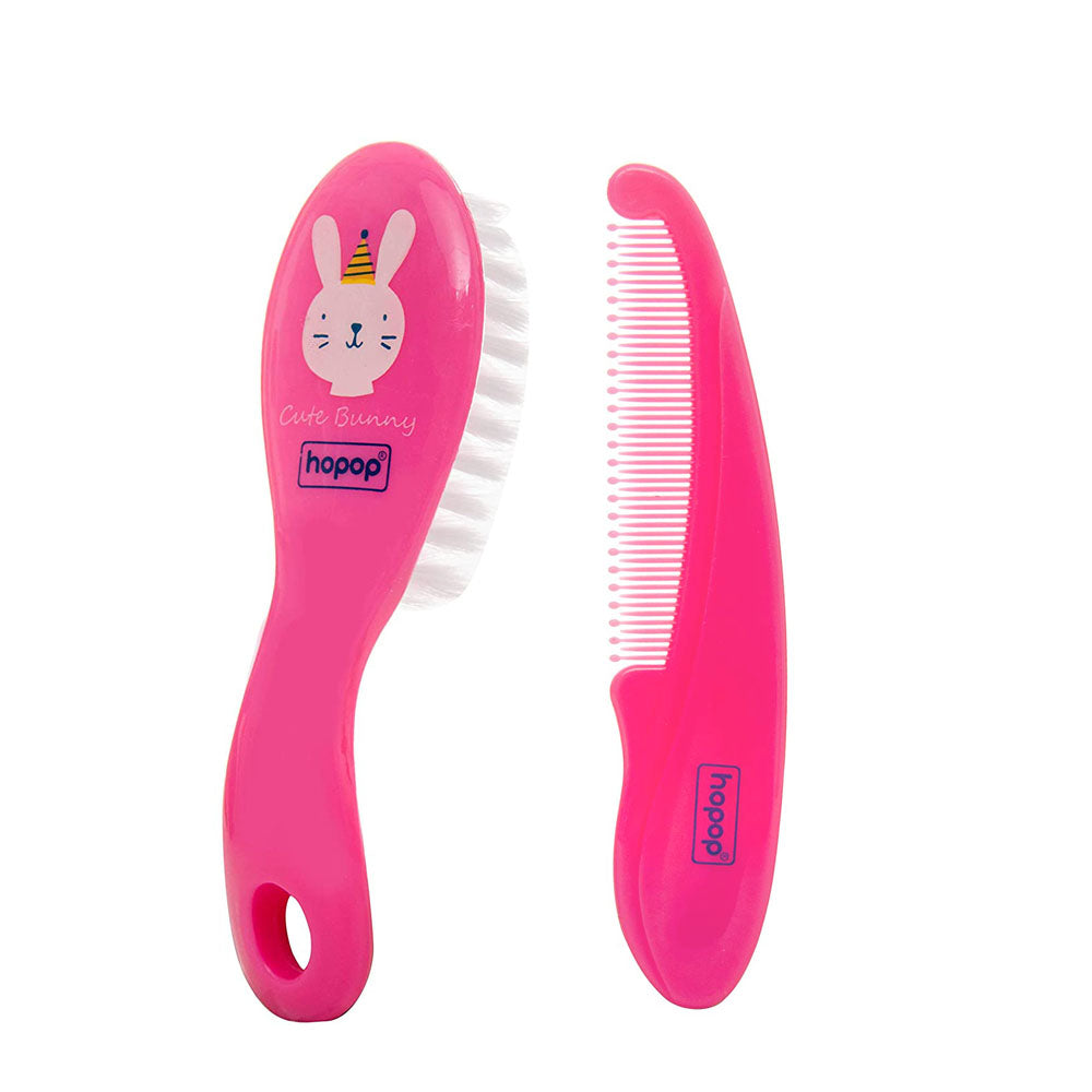 HOPOP Soft Bristle Comb & Brush Set For Babies - Pink 0m+