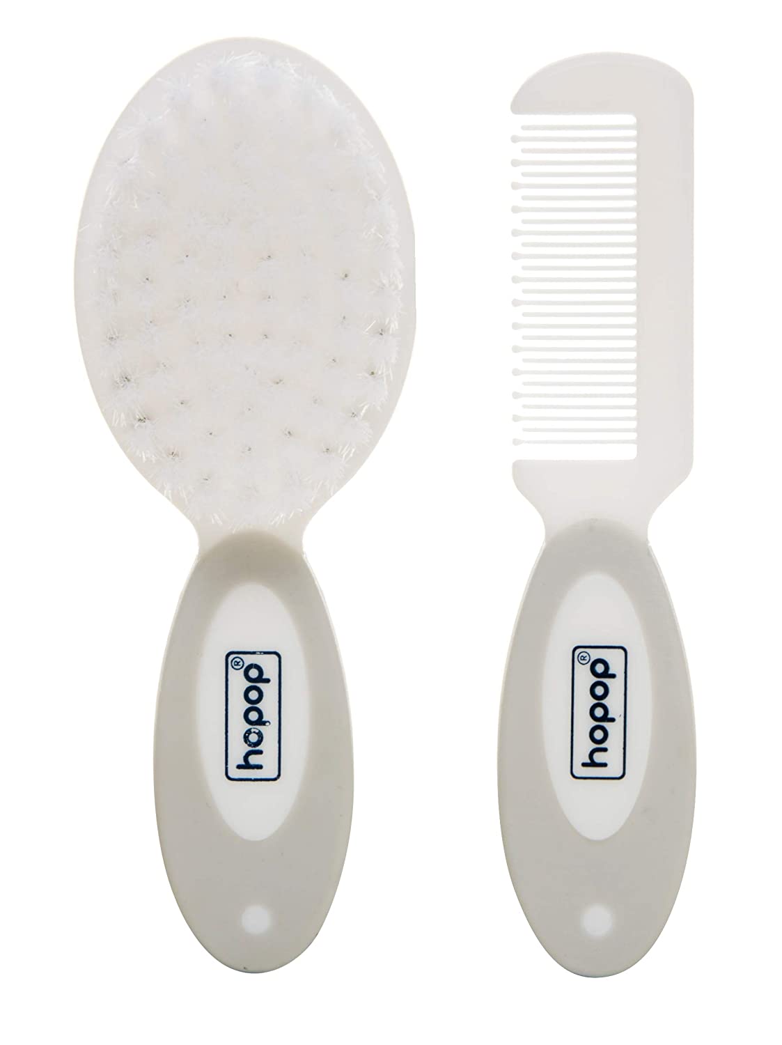HOPOP Soft Bristle Comb & Brush Set For Babies - White & Grey 0m+