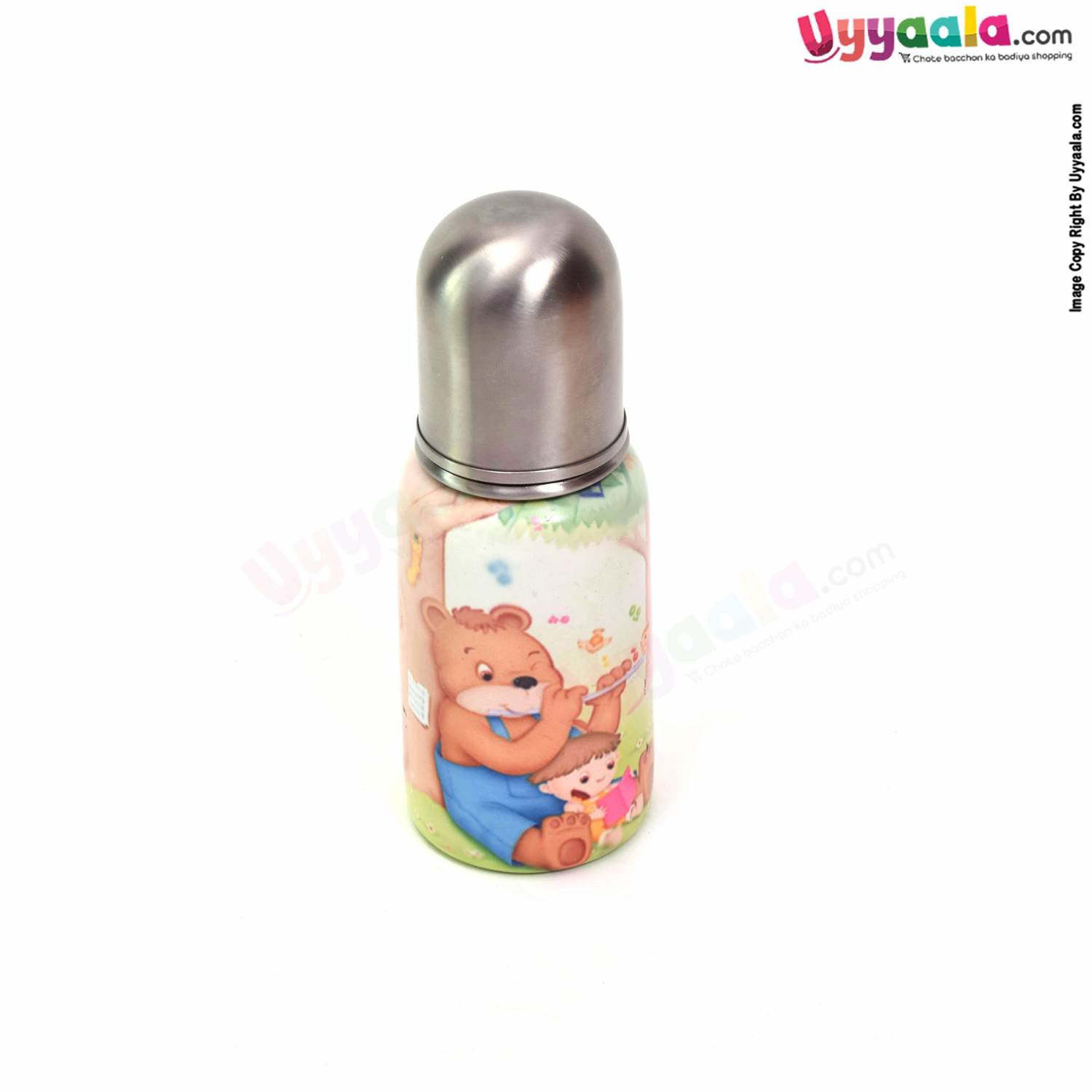 Stainless Steel Baby Feeding Bottle With Bear and Baby Print 220ml - Multicolor