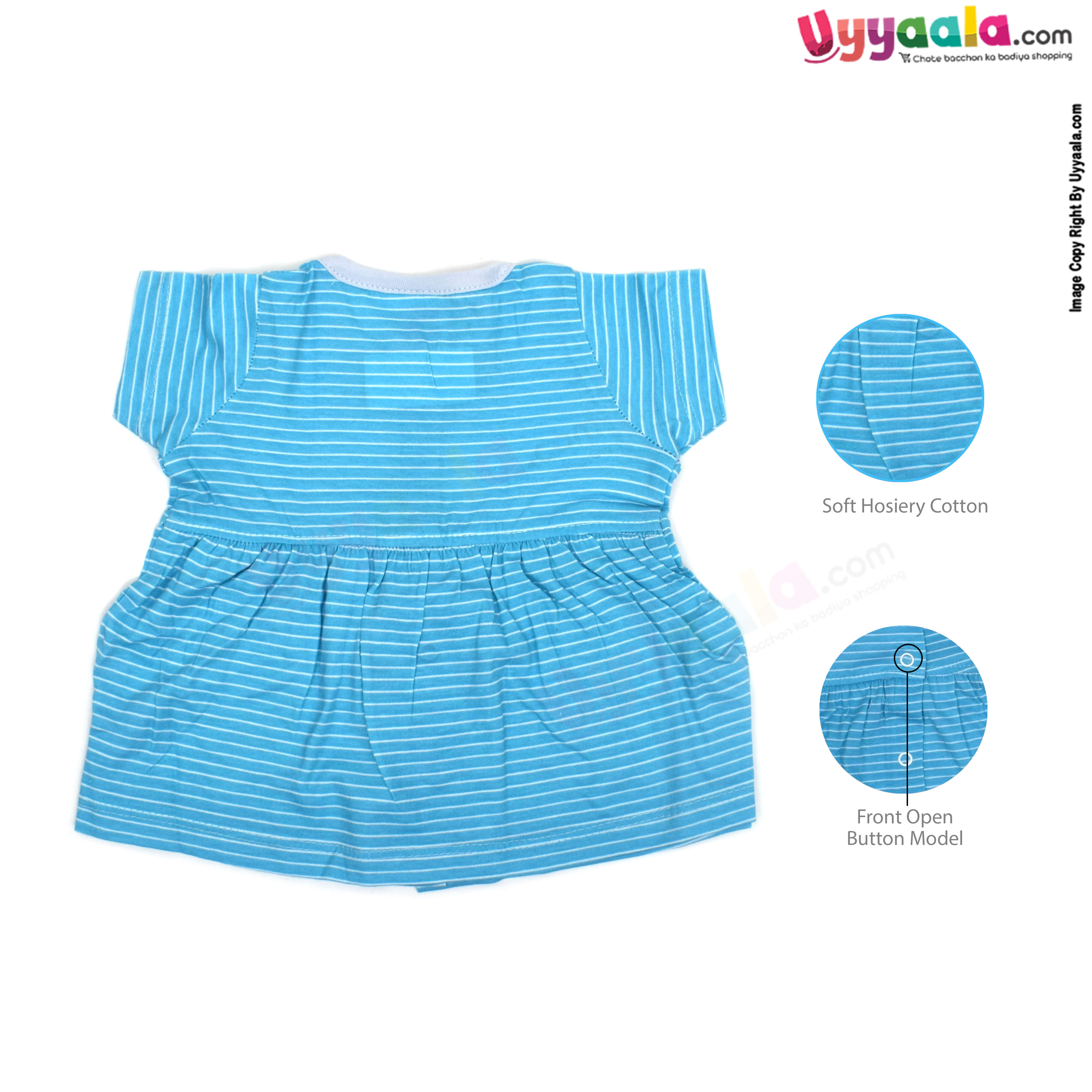 SNUG UP Baby 100% Premium Quality Hoisery Sleeve less Newborn Front Open Button Model Frock with Bloomer Blue & White Stripes
