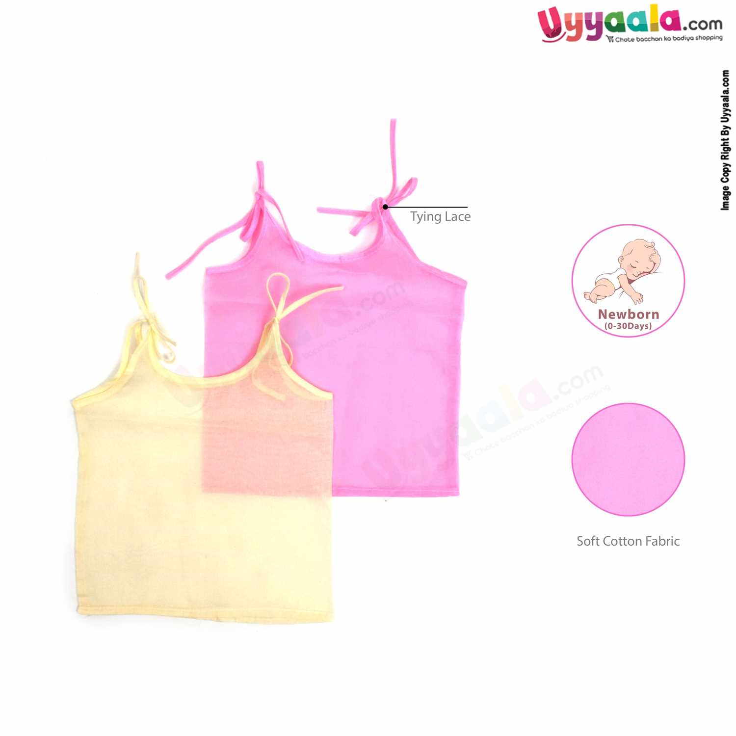 SNUG UP Sleeveless Baby Jabla Set, Top Opening Tie knot Lace Model, Premium Quality Cotton Baby Wear, (0-30 Days), 2Pack - Pink & Yellow