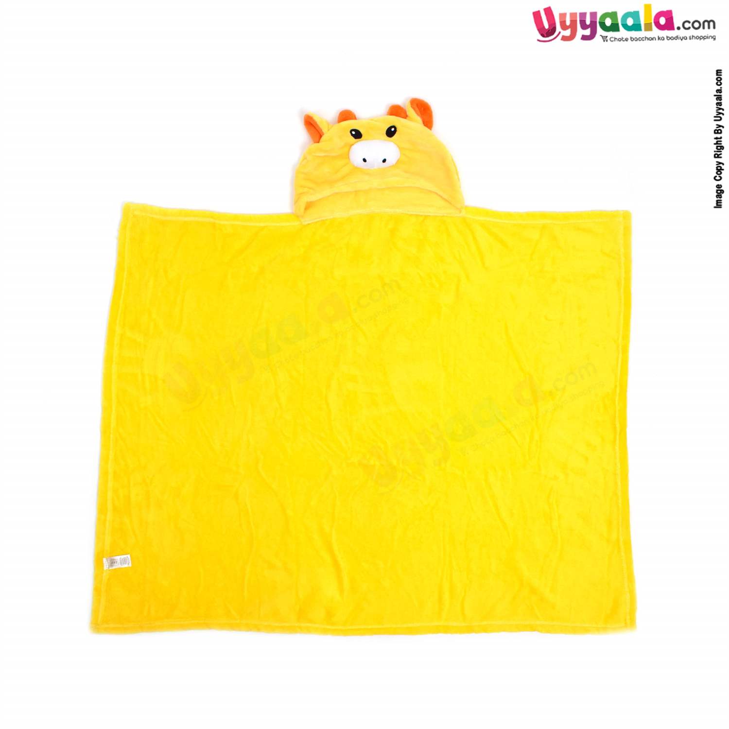 Hooded Coral Fur Blanket with Cow Character, 0-24m - Yellow