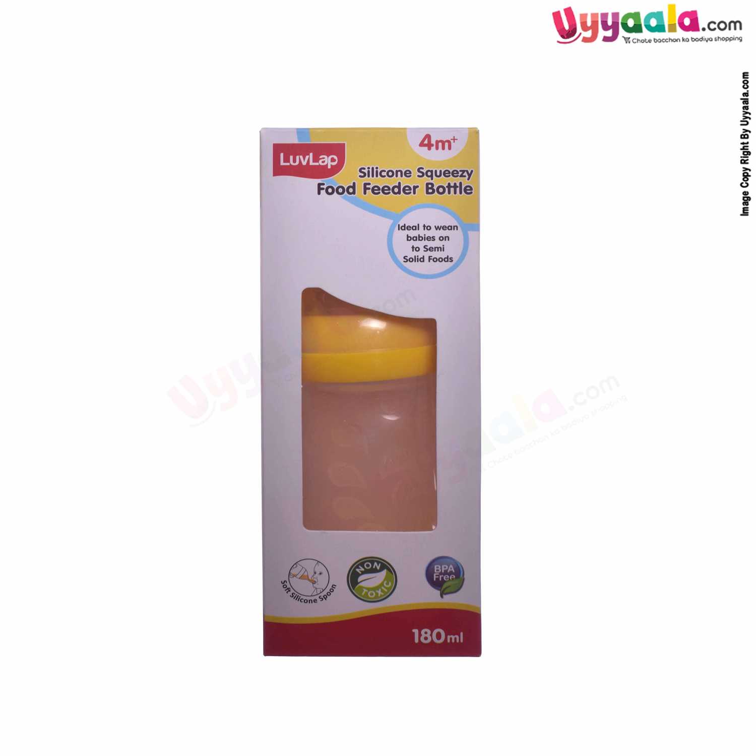LUVLAP Squeezy Baby Bottle Feeder with Silicone Spoon Tip, 180ml, 4m+age - Yellow