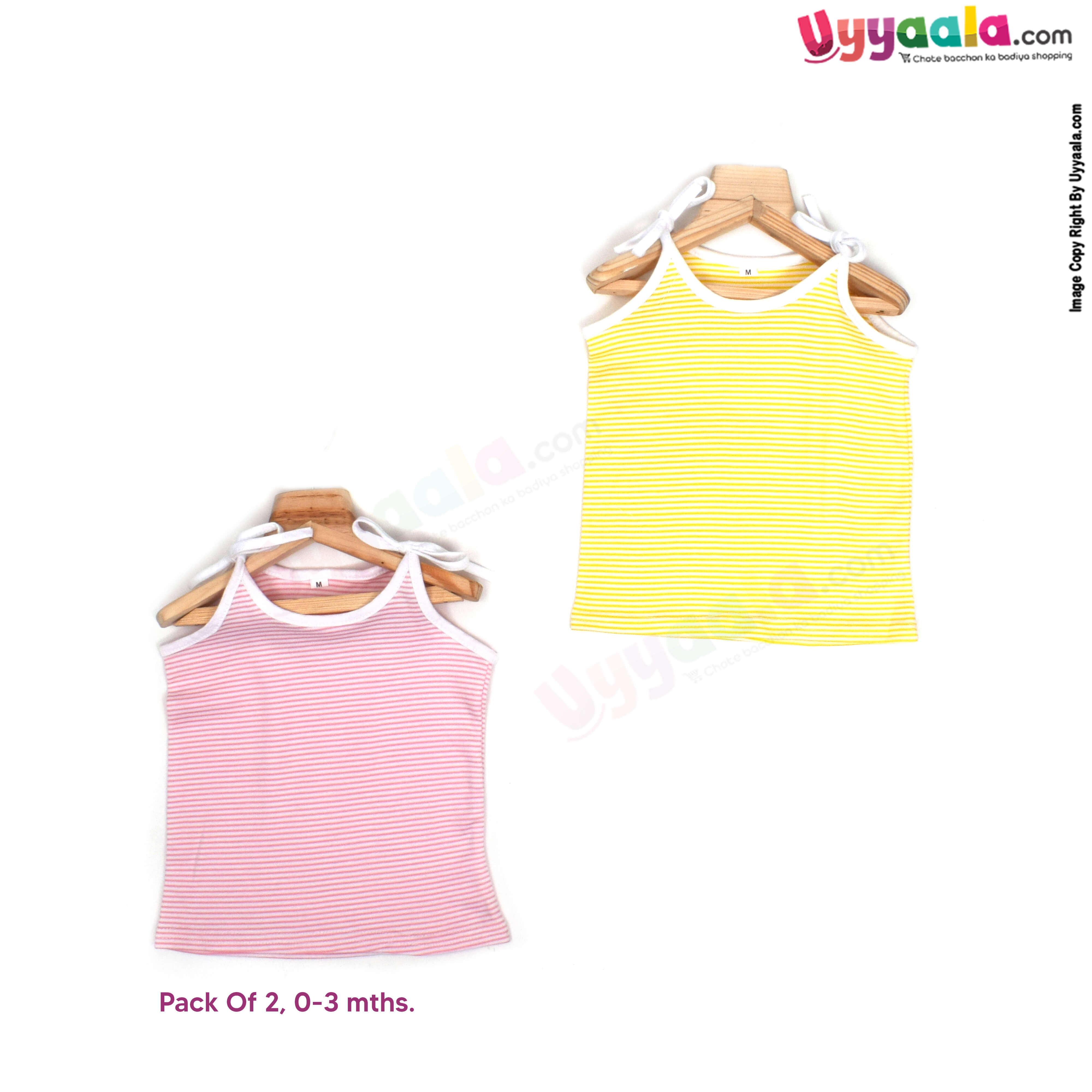 SNUG UP Sleeveless Baby Jabla Set, Top Opening Tie knot Lace Model, Premium Quality Cotton Baby Wear, Stripes Print, (0-3M), 2Pack - Pink & Yellow