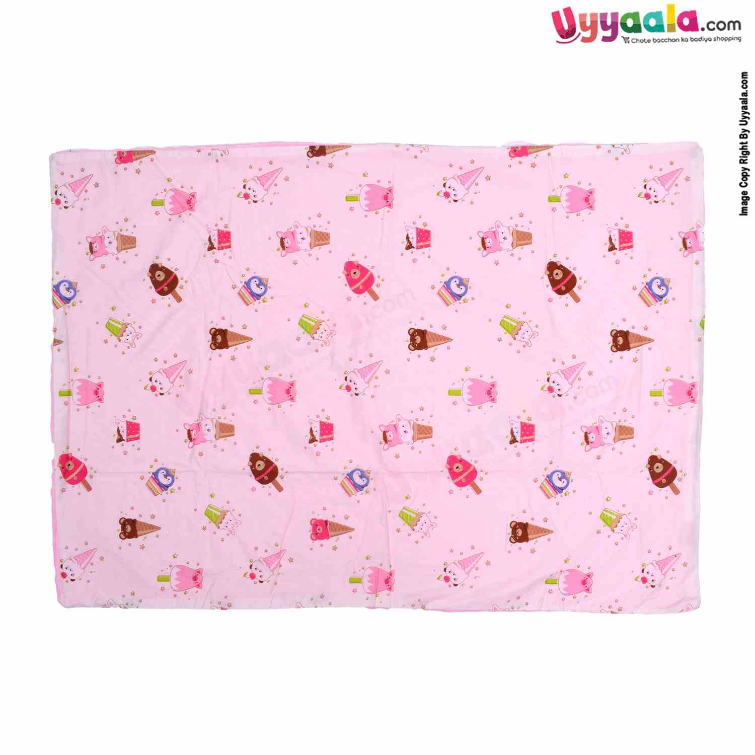 Double Layered Blanket One Side Fur & Another Side Cotton with Ice Creams Print for Babies 0-24m Age, Size (106*75cm) -Light Pink