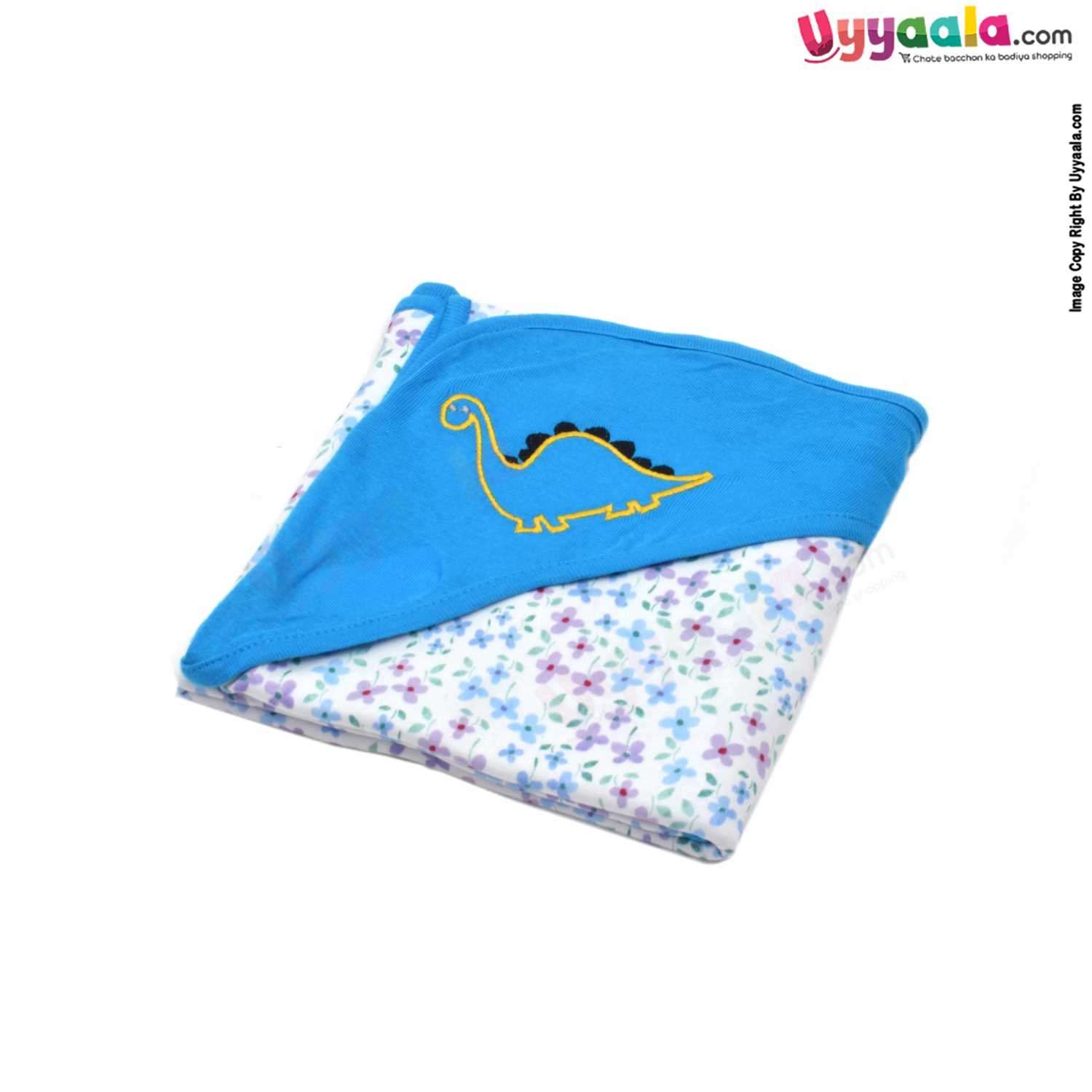 PRECIOUS ONE Baby Hooded Towel Premium Double Layered ,100% Cotton Hosiery with Floral Print 0+m Age, Size (88*72)- White & Blue