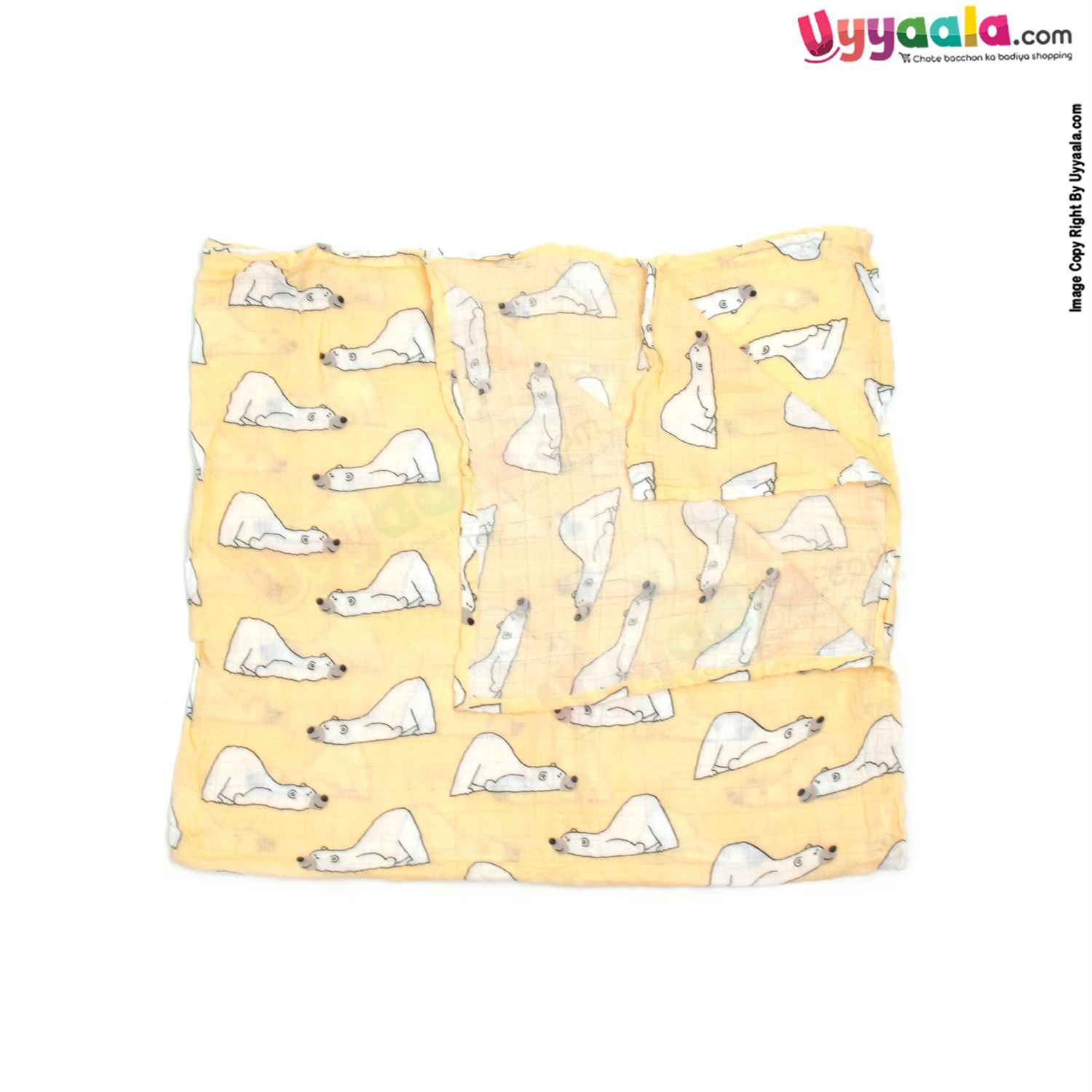 Double Layered Muslin Cotton Wrapper with Bear Print for Babies 0+m Age, Size(108*103cm)- Yellow