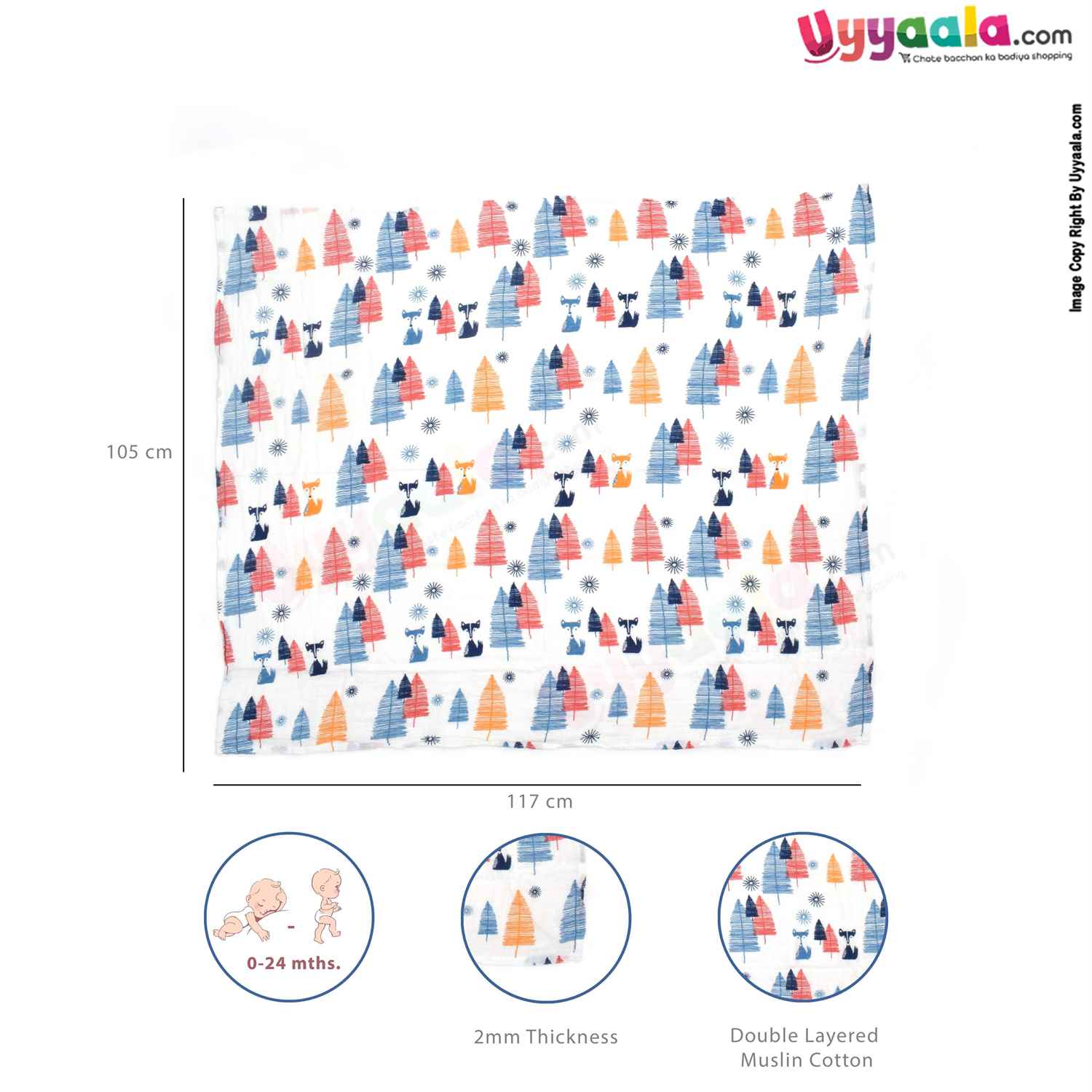 Double Layered Muslin Cotton Wrapper for Babies with Fox Print 0-24m Age, Size (117*105cm)-White