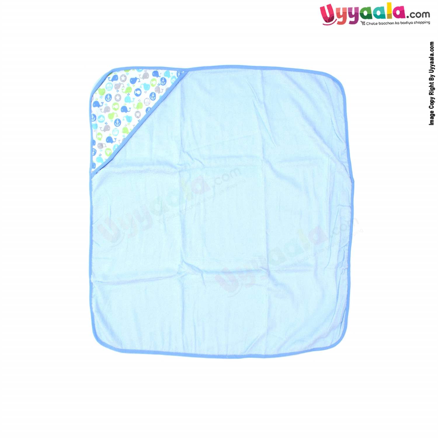 EBERRY Terry Hooded Towel with Whales Print 1pc ,0+m Age ,Size (76*74) - Blue