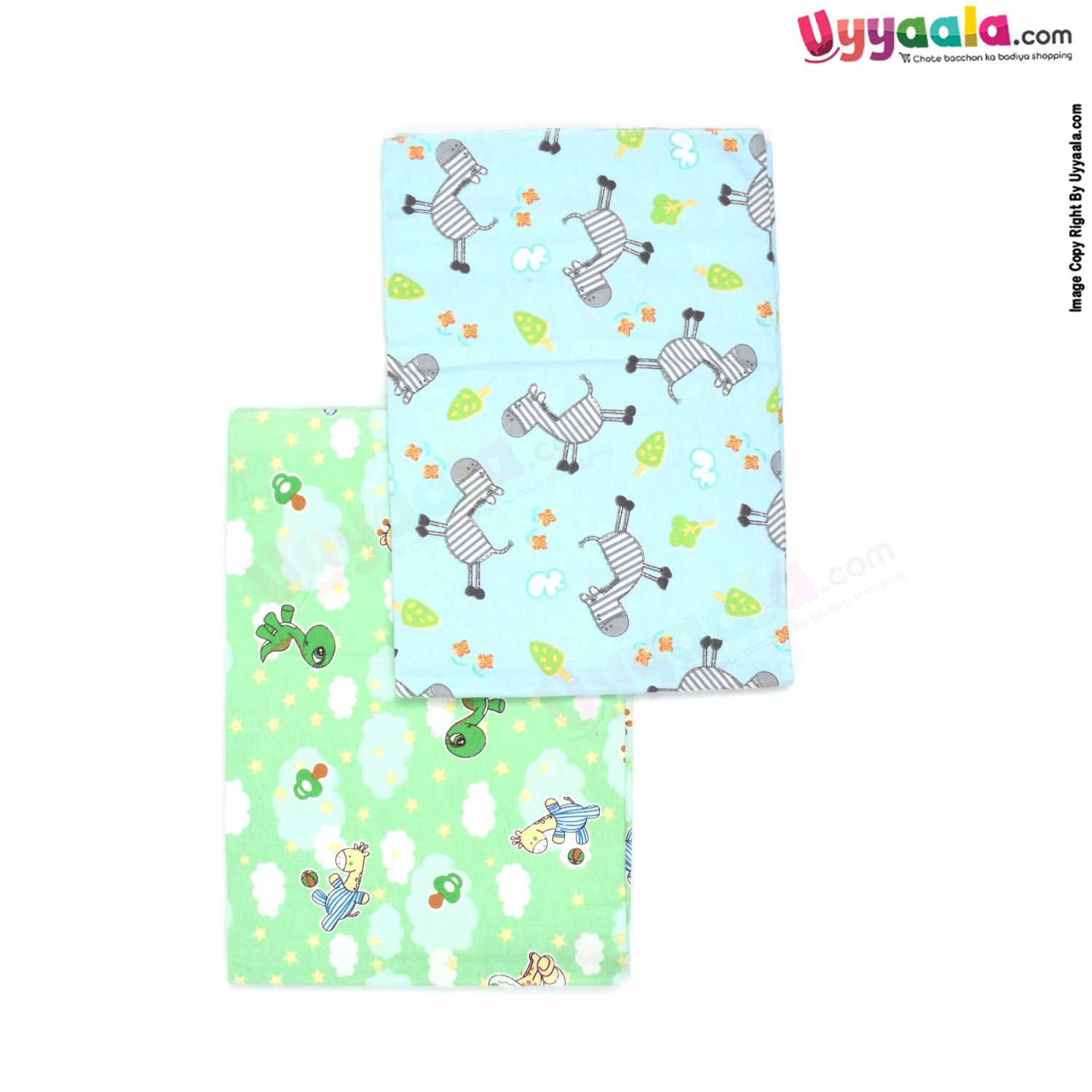 DARLING Baby Bath Towel 100% Cotton with Animals & Stars Print Pack of 2 0+m Age ,Size (100*75cm) - Green & Blue
