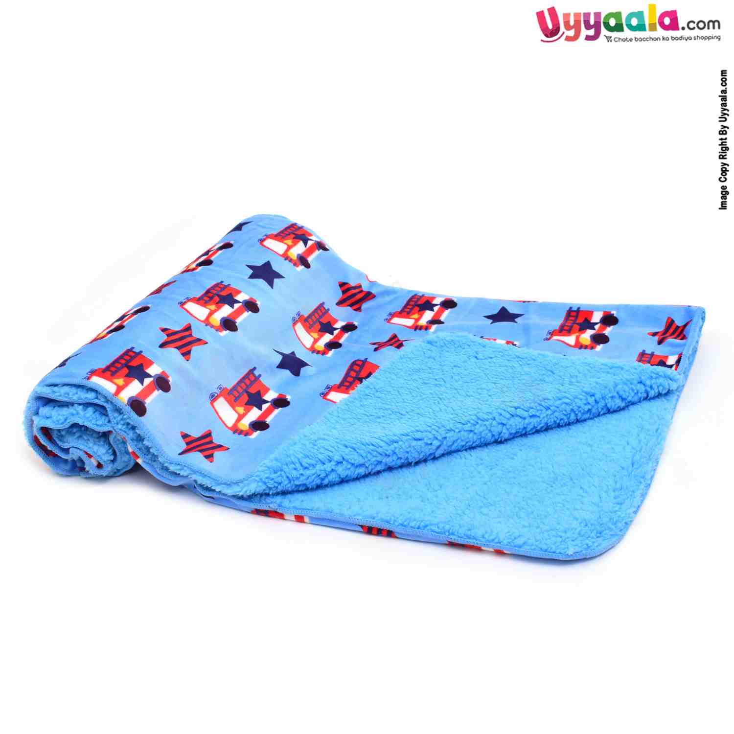 Double Layered Blanket One Side Fur & Other Side Velvet with Fire Engine Print, 0-24m Age, Size (101*76cm) - Blue