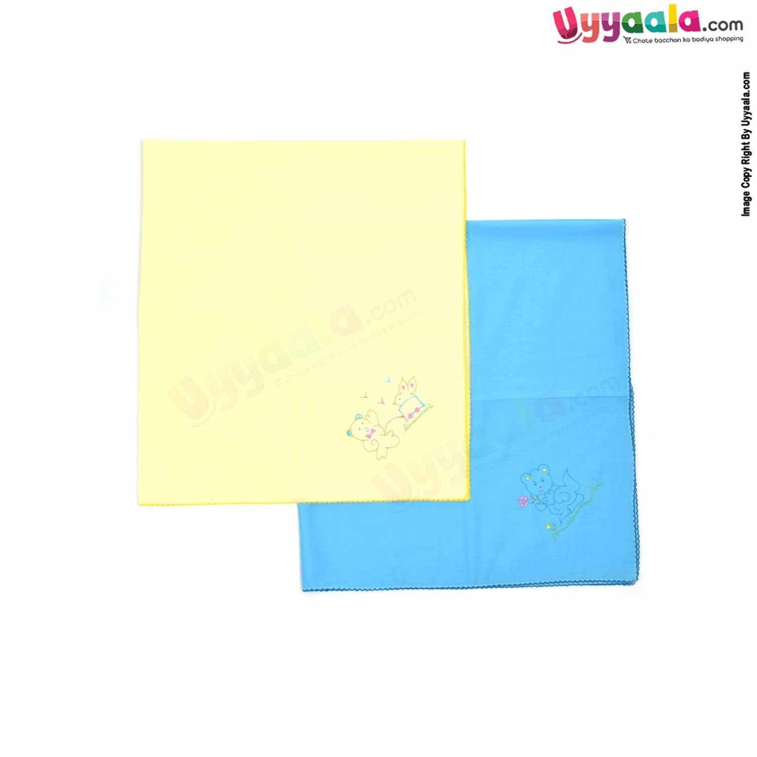 SNUG UP Babies Cotton Wrapper with Teddy Bear & Squirrel Print Pack of 2 0+m Age, Size (112*98cm)-Yellow & Blue