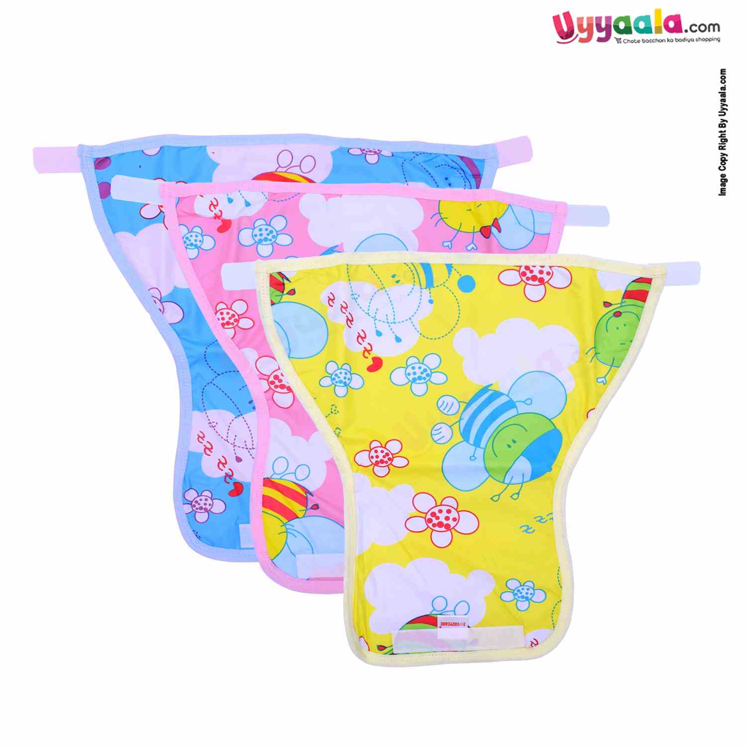 COZYCARE Washable Diapers Plastic Velcro, Honey Bee Print Blue, Pink& Yellow With Out Pads- 3P Set (XL)