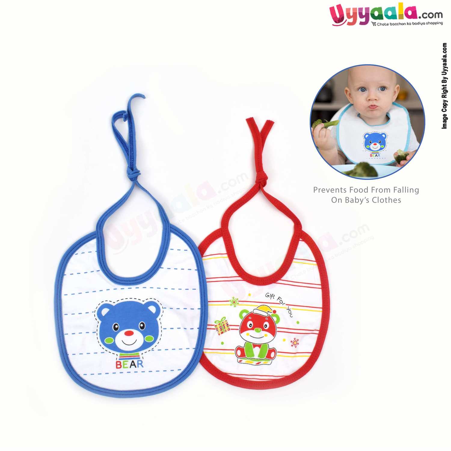 Cotton Baby Feeding Bib, Newborn Top Tieing Model, Teddy Bear & Panda Print, Pack of 2, (20*18) - White with Blue & Red Borders