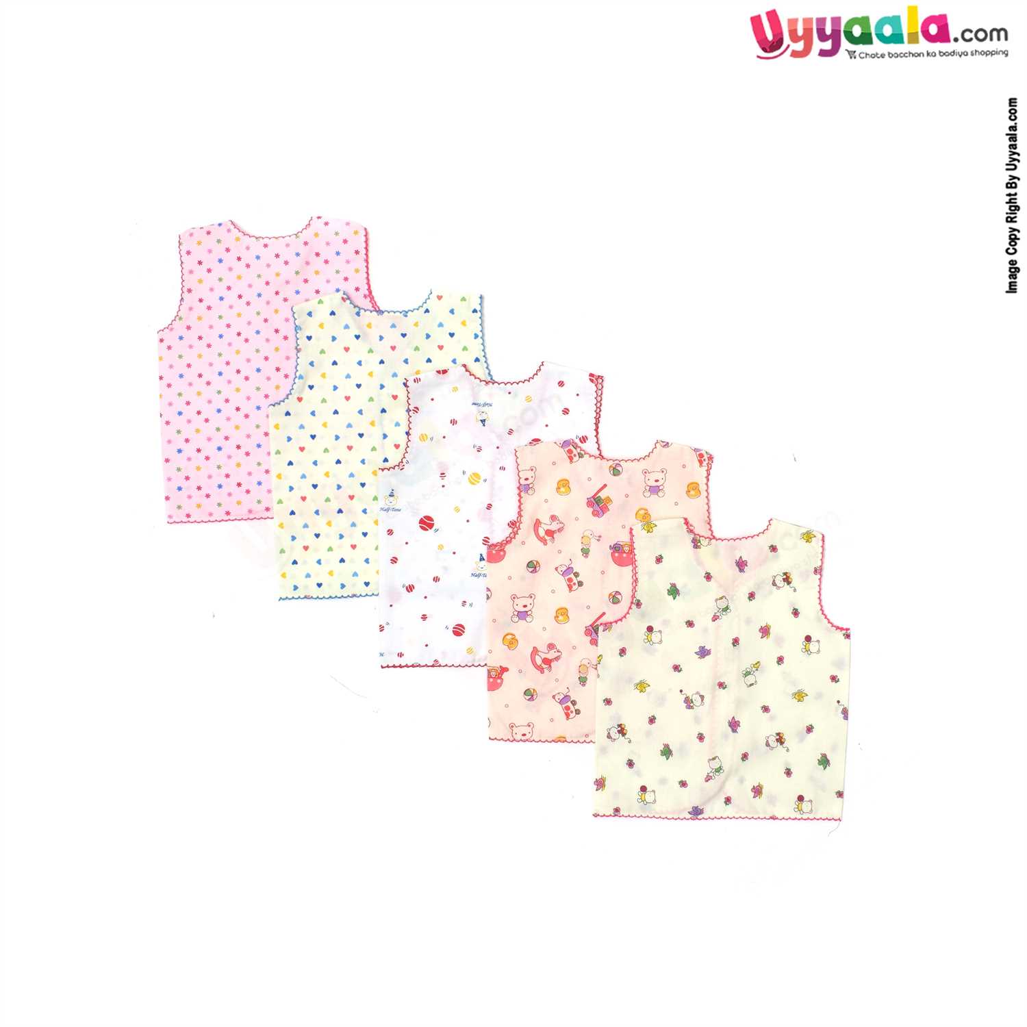 POLAR CUBS Sleeveless Baby Jabla Set, Front Opening Button Model, Premium Quality Cotton Baby Wear, Assorted Prints, (0-3M), 5Pack - Multicolor