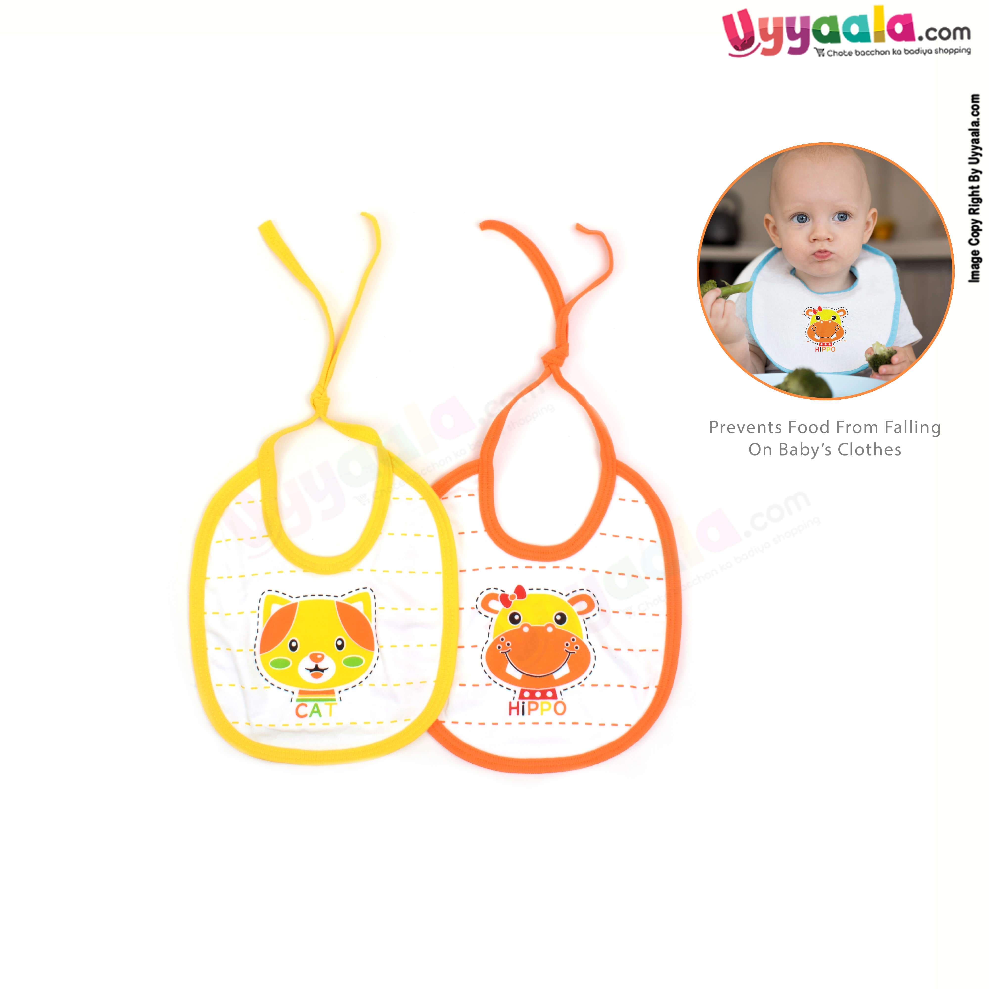 Cotton Baby Feeding Bib, Newborn Top Tieing Model, Kitty & Hippo Print, Pack of 2, (20*18) - White with Yellow & Orange Borders