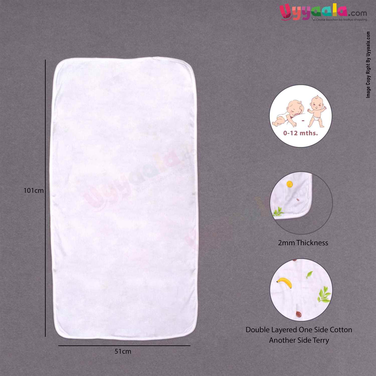 Double Layered Towel One Side Cotton & Another Side Terry with Fruits & Leaves for Babies Print 0+m Age, Size(101*51cm)-White