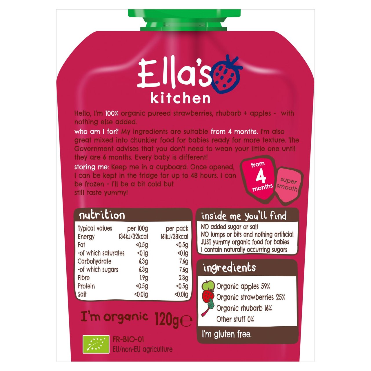 Ella's Kitchen Strawberries Rhubarb + Apple, Super Smooth Purees for Babies - 120gm, 4 months +