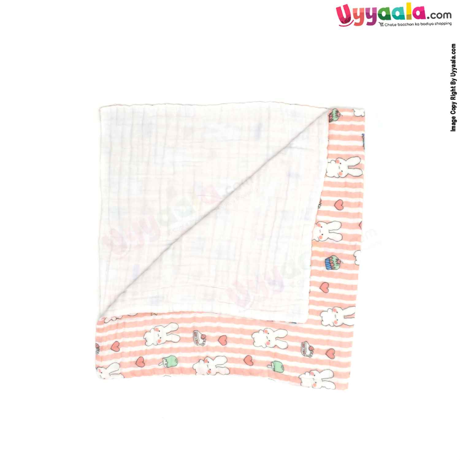 Four Layered Muslin Cotton Towel with Rabbit Print for babies 0+m Age, Size(95*51Cm)-Peach