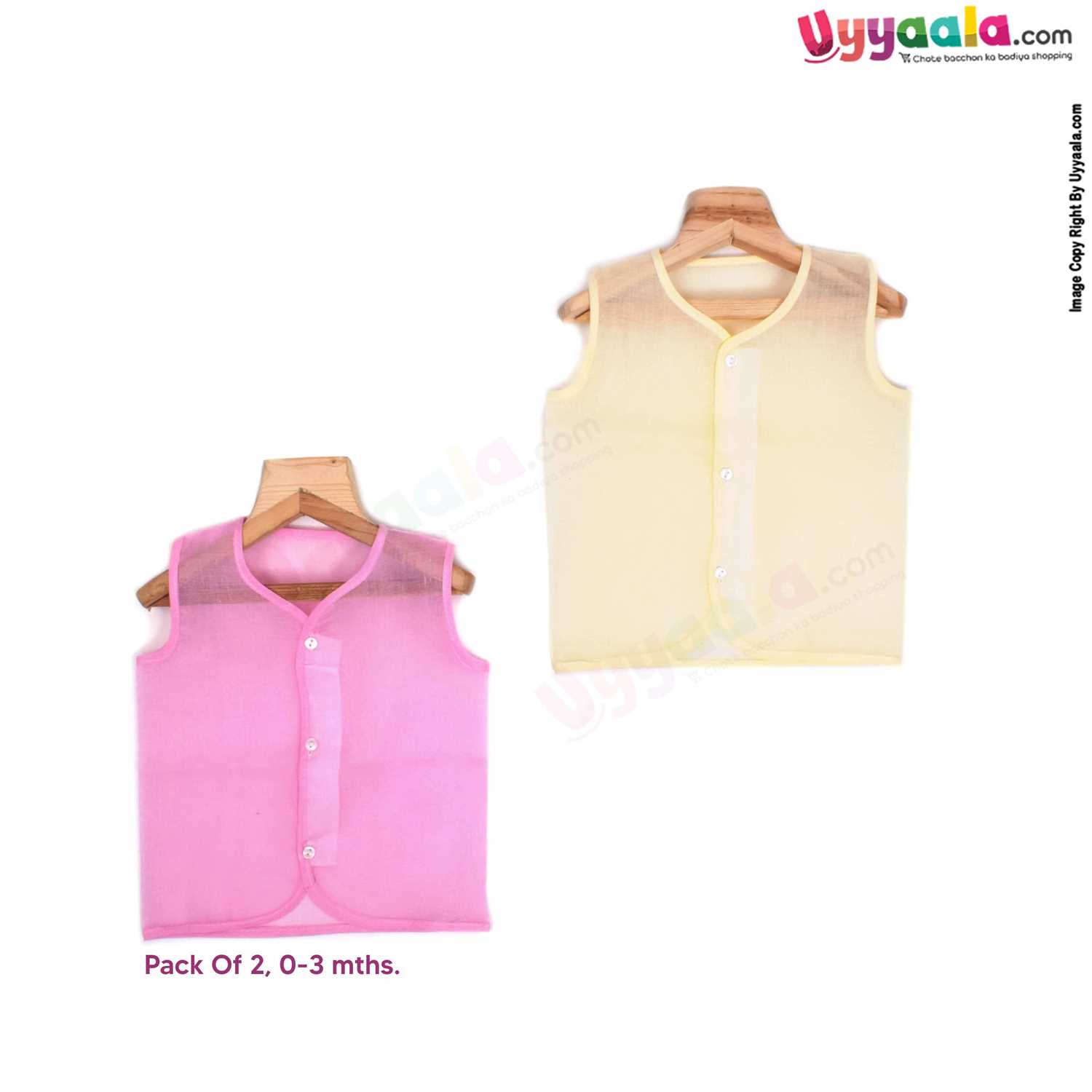 SNUG UP Sleeveless Baby Jabla Set, Front Opening Button Model, Premium Quality Cotton Baby Wear, (0-3M), 2Pack - Pink & Yellow