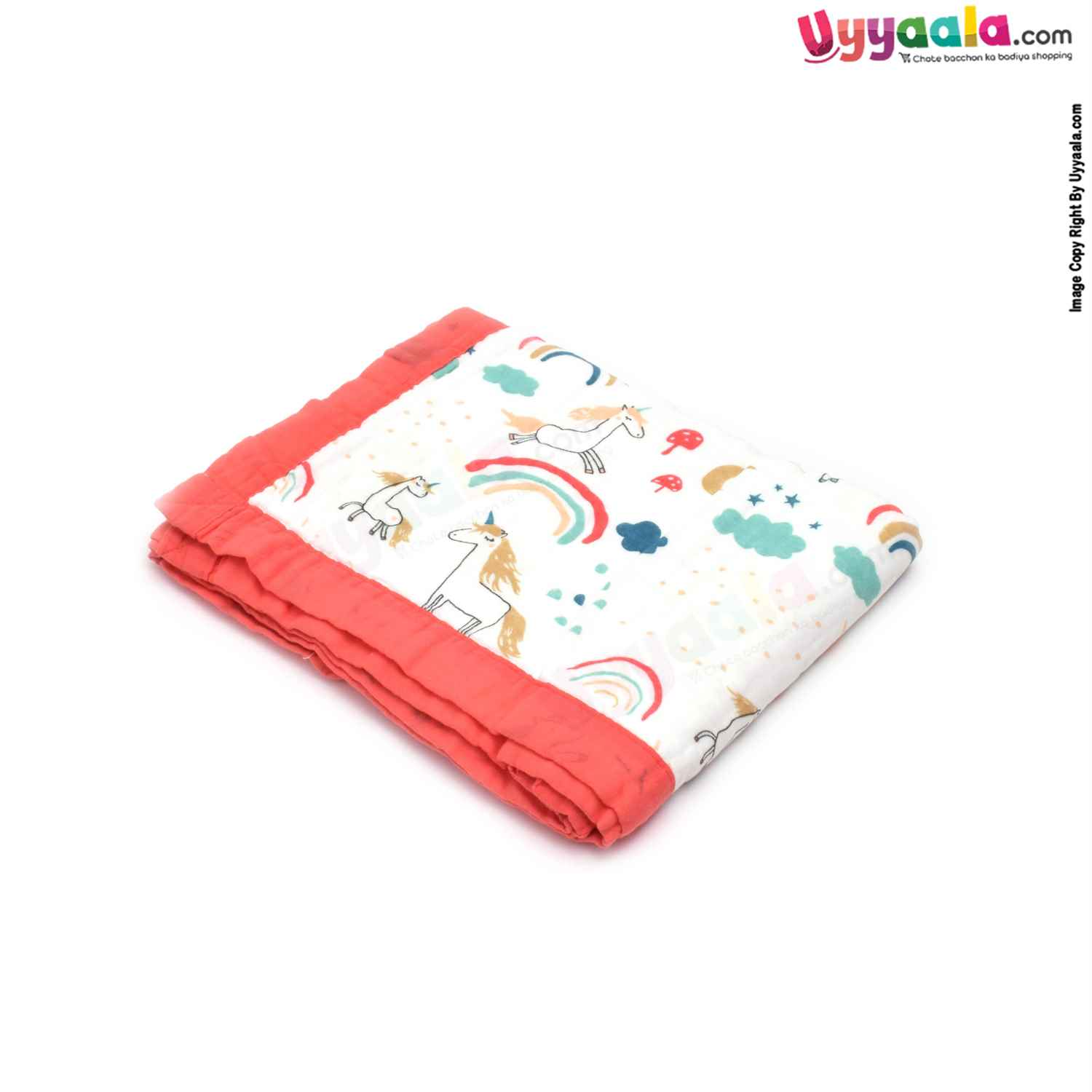 Four Layered Muslin Wrapper with Border, Unicorn Print for Babies 0+m Age, Size(116*101cm)- White
