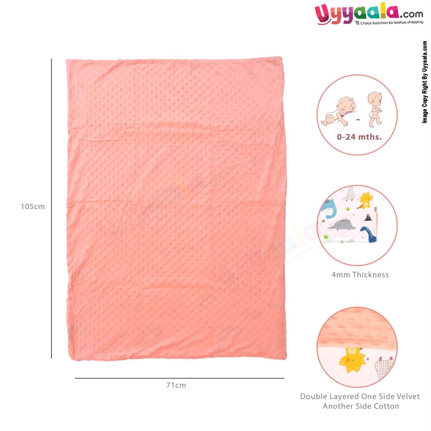 Double Layered Wrapper Premium One Side Velvet & Other Side Cotton with Dions Print for Babies 0-24m Age, Size(105*71cm)- White & Peach