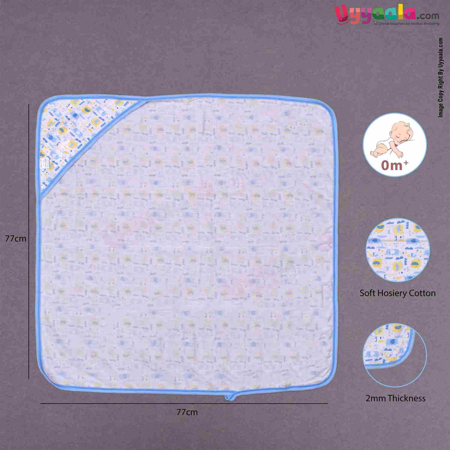 BABYS GIFT Cotton Hosiery Hooded Towel for Babies with Animals Print 1pc 0+m Age, Size (77*76cm)- Blue & White