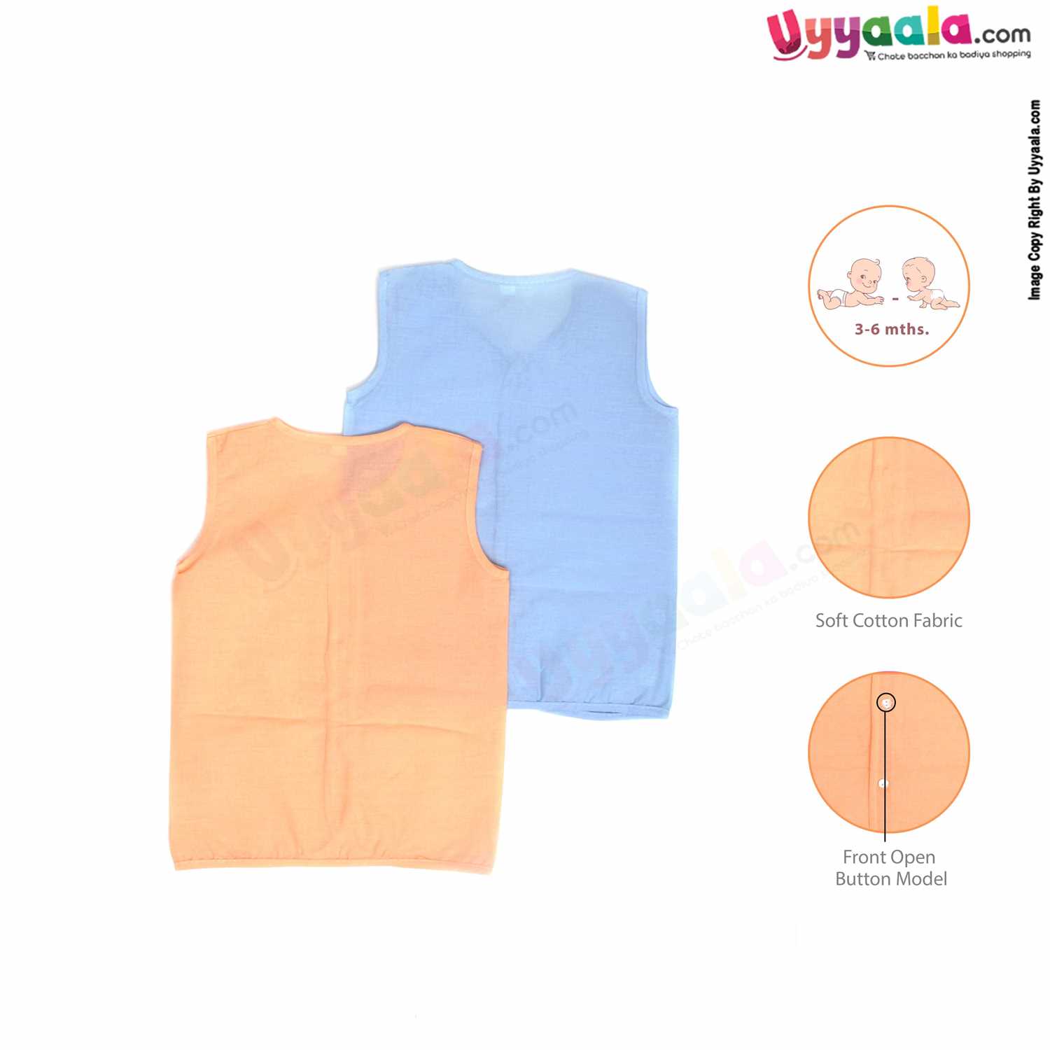 POLAR CUBS Sleeveless Baby Jabla Set, Front Opening Button Model, Premium Quality Cotton Baby Wear, (3-6M), 2Pack - Orange & Blue
