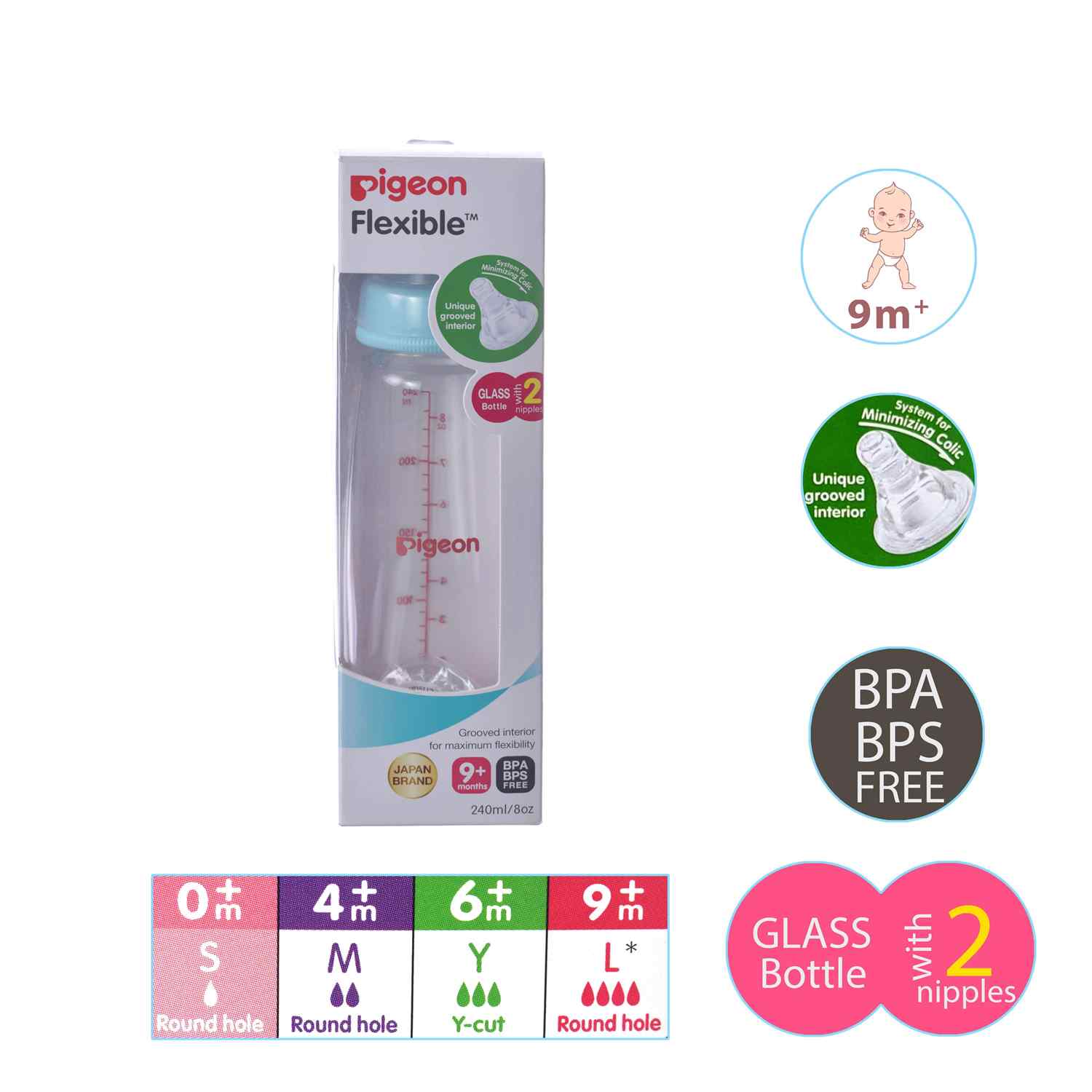 PIGEON Glass Feeding Bottle Narrow Neck Square Base Flexible 240ml 9+m Age