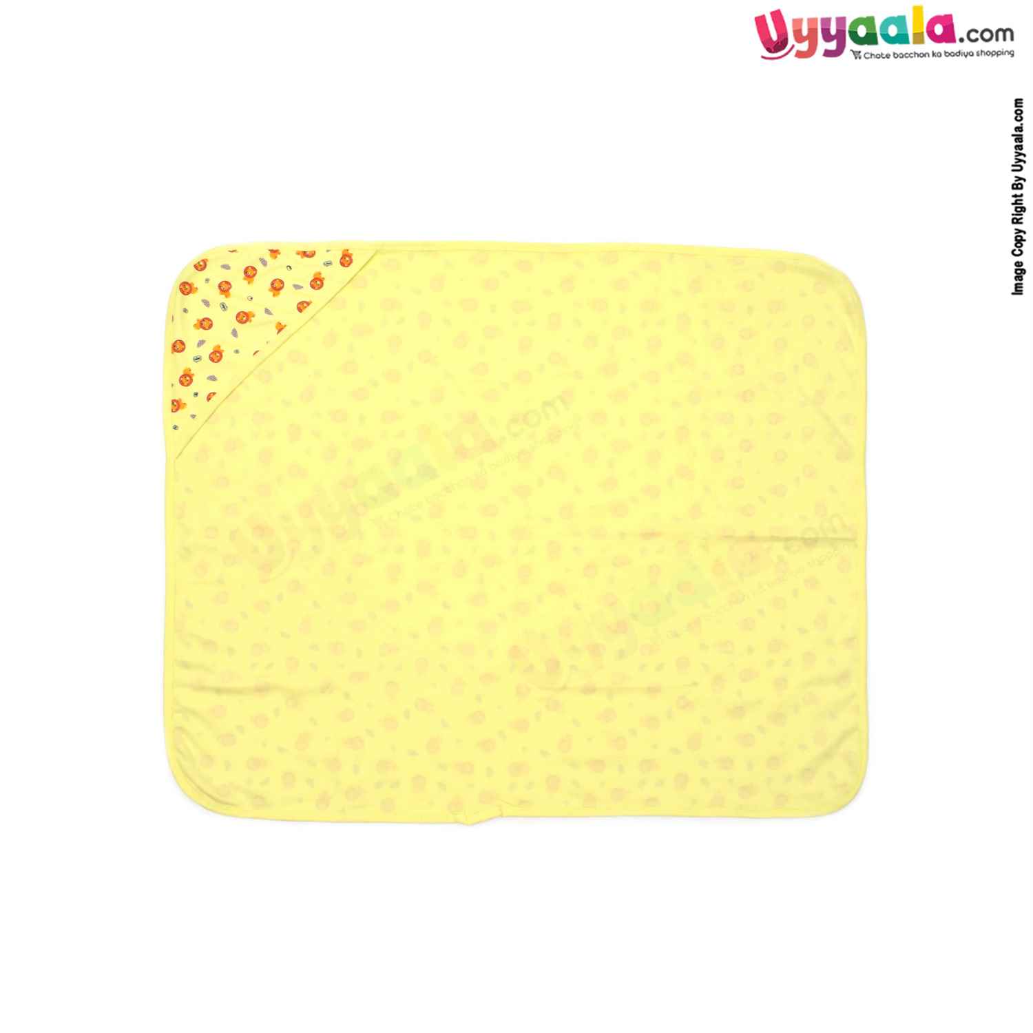 Hosiery Cotton Hooded Towel for Babies with Lion Print 0-12m Age, Size (86*72cm)- Yellow